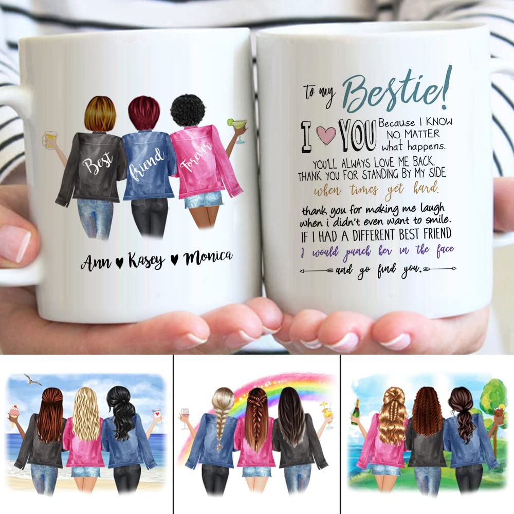 Personalized Best Friend Coffee Mugs for Women - Custom 3 Names Ceramic Mug (11oz) - Perfect Gift for BFF, Galentine's Day, Long Distance Friendship & Birthdays - Ideal for Coffee, Tea or Hot Chocolate at Home, Office or Dorm