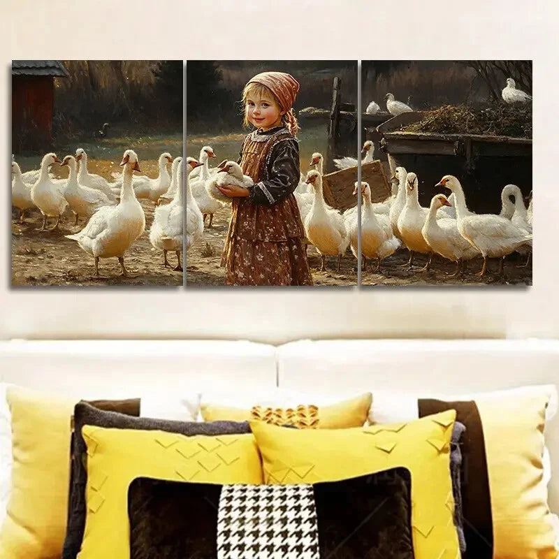 3-Piece Farm Girl Feeding Animals Metal Wall Art - Ready to Hang, Rustic Countryside Decor for Living Room, Nursery, or Farmhouse Style Home