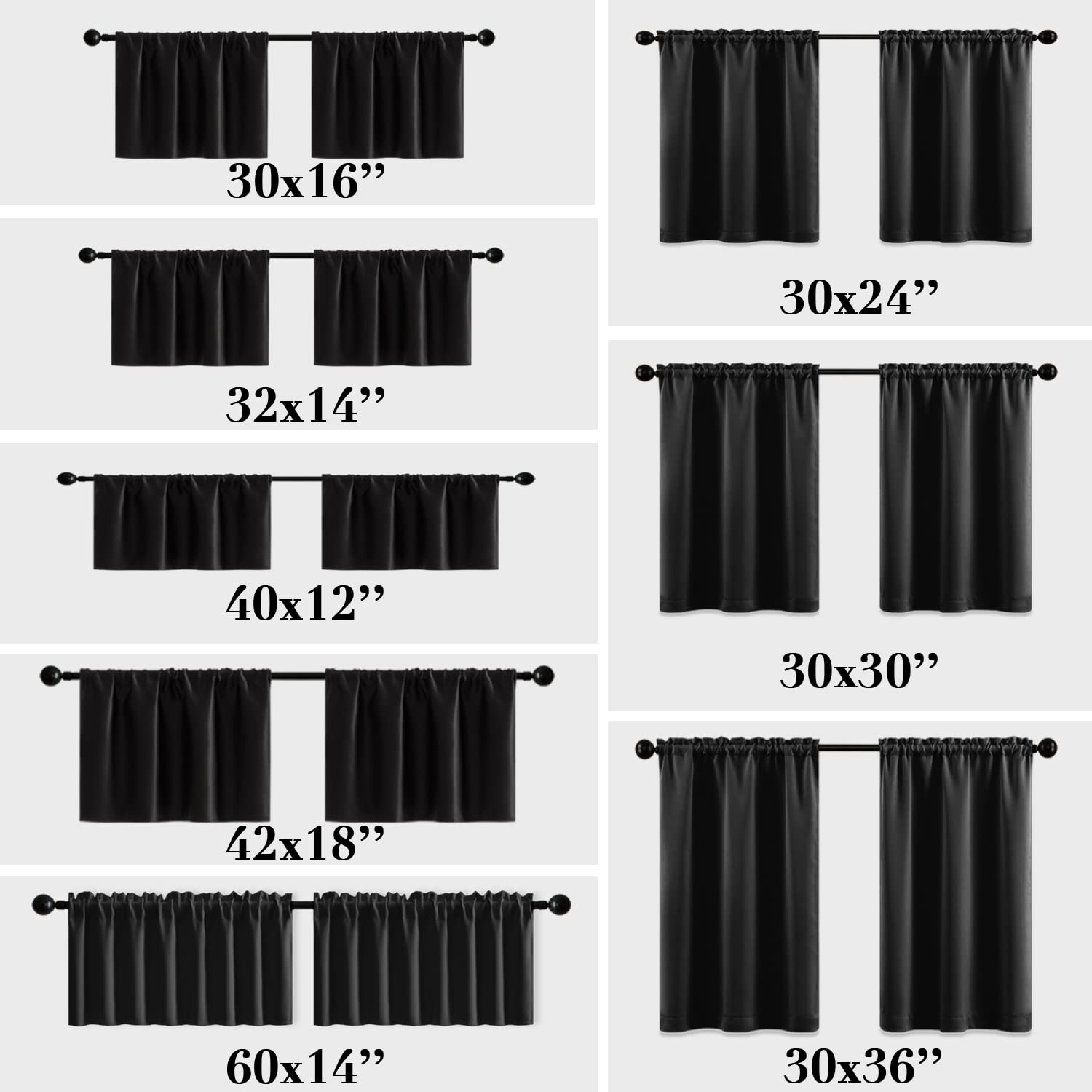 XTMYI 18 Inch Black Waterproof Window Valances - 2 Pack Rod Pocket Curtains for Bathroom, Small Basement & Kitchen - Moisture Resistant & Stylish Home Decor