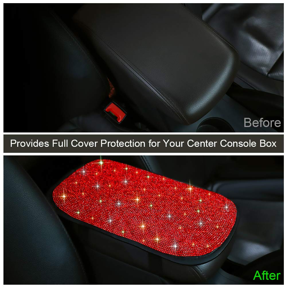 OTOSTAR Bling Bling Crystal Car Armrest Cover - Universal Center Console Protector with Luster Finish - Red Auto Interior Accessories for Sedan, SUV & Truck - Perfect for Road Trips & Daily Commute