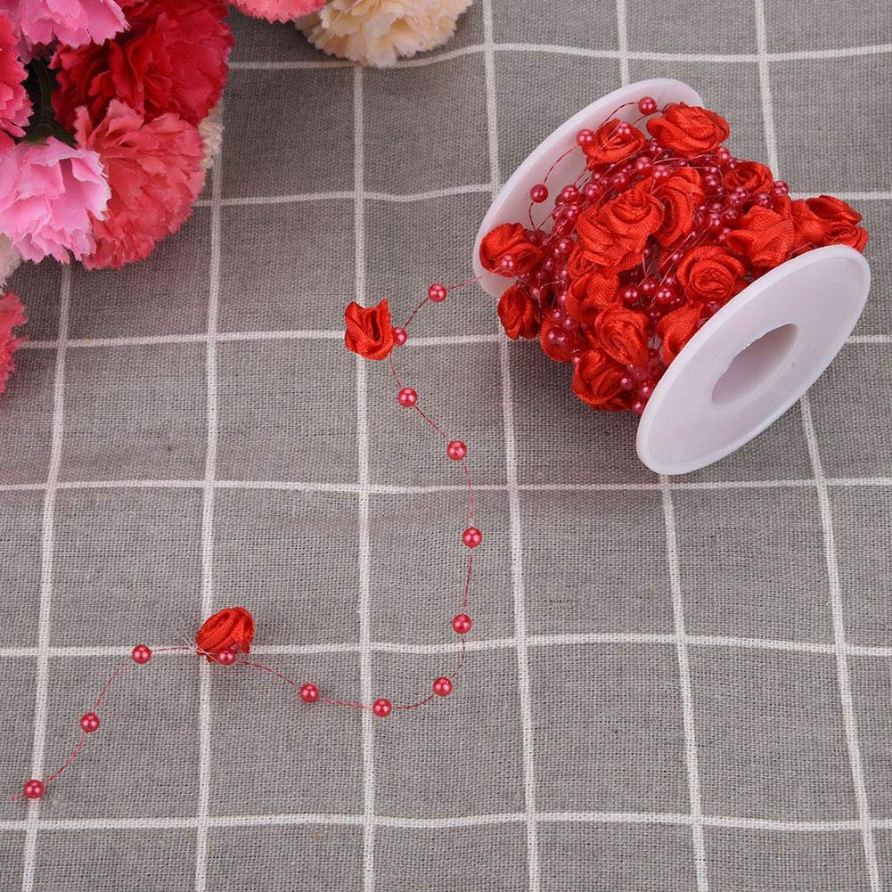 32.8ft Artificial Rose Pearl Beaded Ribbon - Red Floral Wire Beads Chain Trim for DIY Wedding Decorations, Gift Wrapping, Hair Accessories & Home Decoration