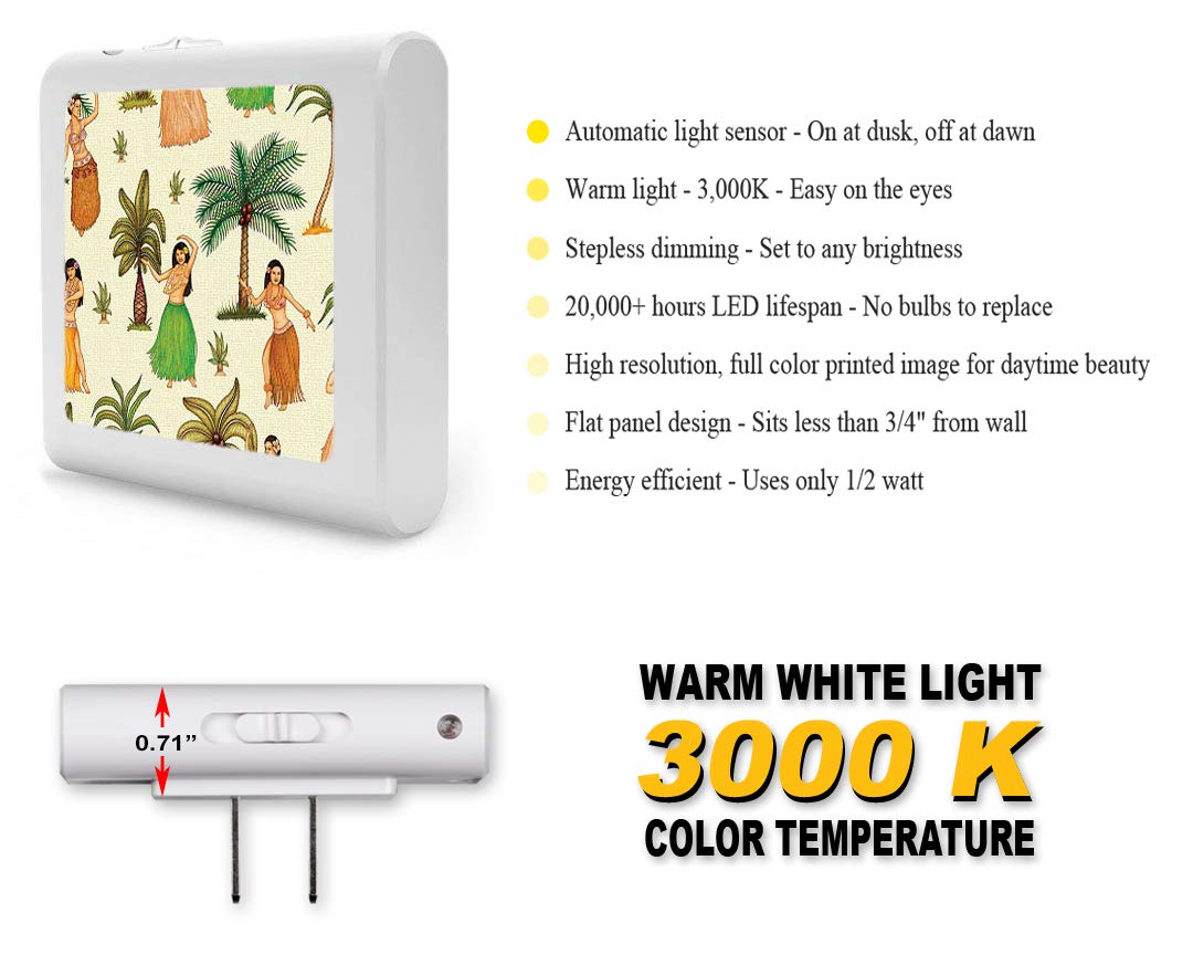 Dimmable LED Night Light with Auto On/Off Sensor, Adjustable Brightness & Warm White Light for Bathroom, Hallway, Nursery, Bedroom - Hula Girls Design by Dan Morris - Perfect for Nighttime Safety & Comfort