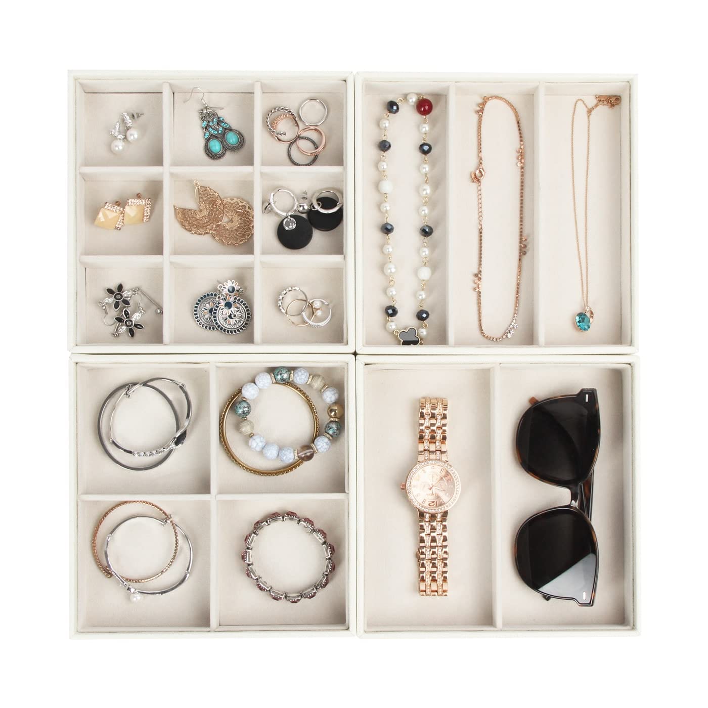 Stackable Jewelry Storage Trays for Drawer - Earring Ring Necklace Organizer - MK220-2ABCD - Perfect for Bedroom Dresser & Vanity