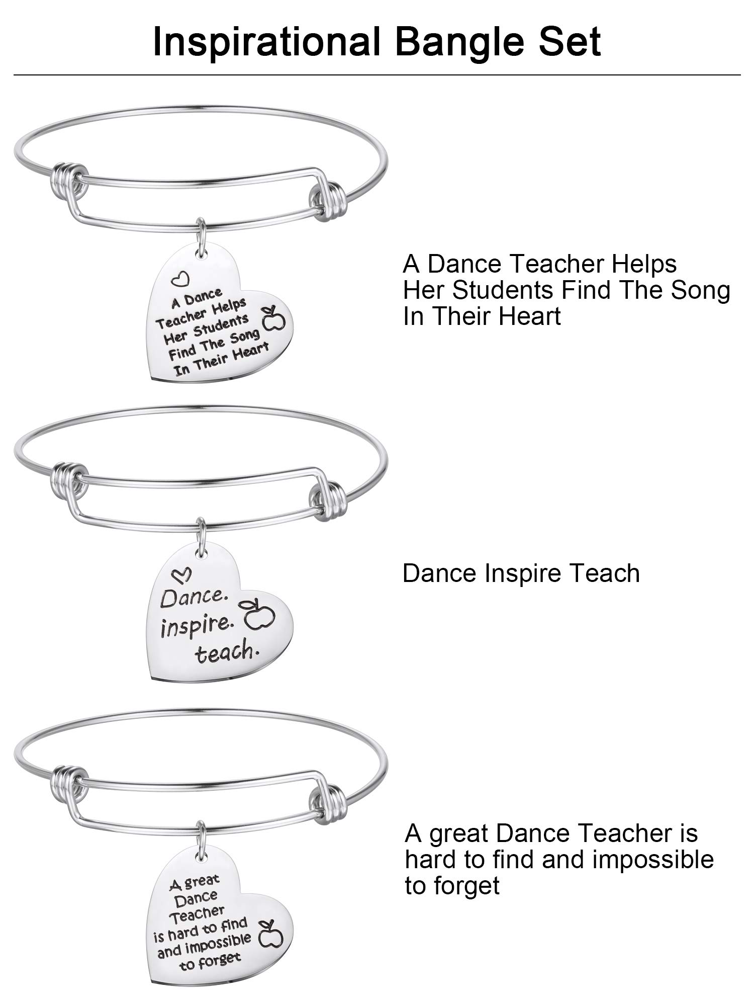Engraved Dance Teacher Bracelet - 3 Pcs Heart Pendant Gift Set for Women | Christmas & Appreciation Gifts