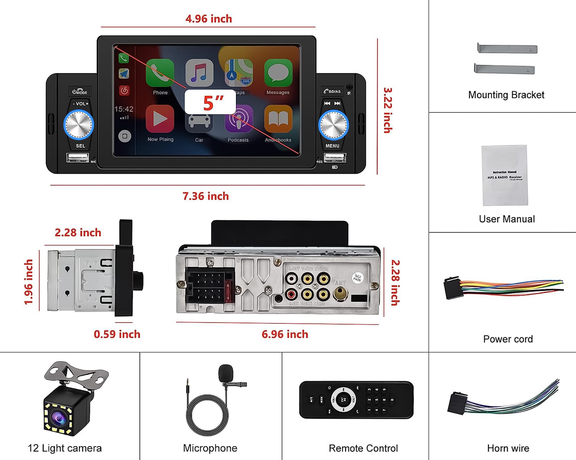 CMECHO 5 Inch Single Din Car Stereo with Apple CarPlay & Android Auto - Bluetooth 4.0, FM Radio, Mirror Link, USB Input, Fast Charging, Reverse Camera, Remote Control & Microphone - Perfect for Hands-Free Driving & Entertainment