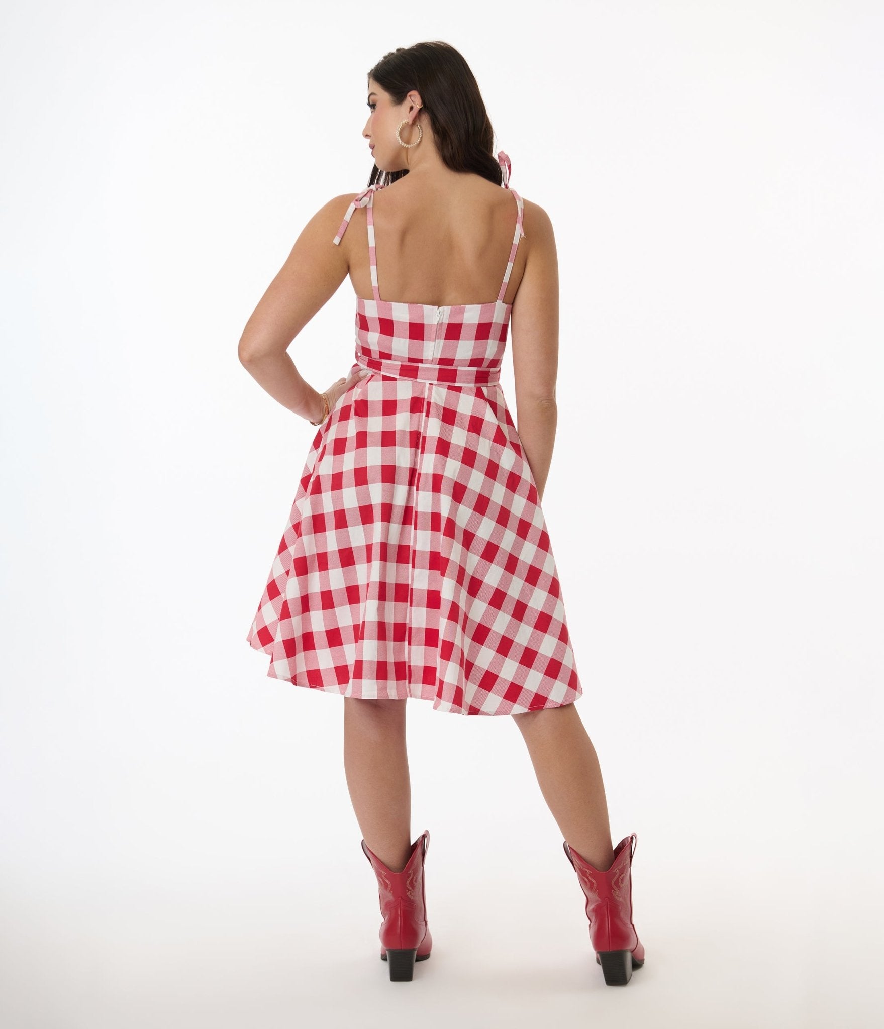 Orchid Bloom Red & White Plaid Picnic Swing Dress - Floral Summer Dress for Women, Casual Outdoor Party & Garden Wedding Guest Attire