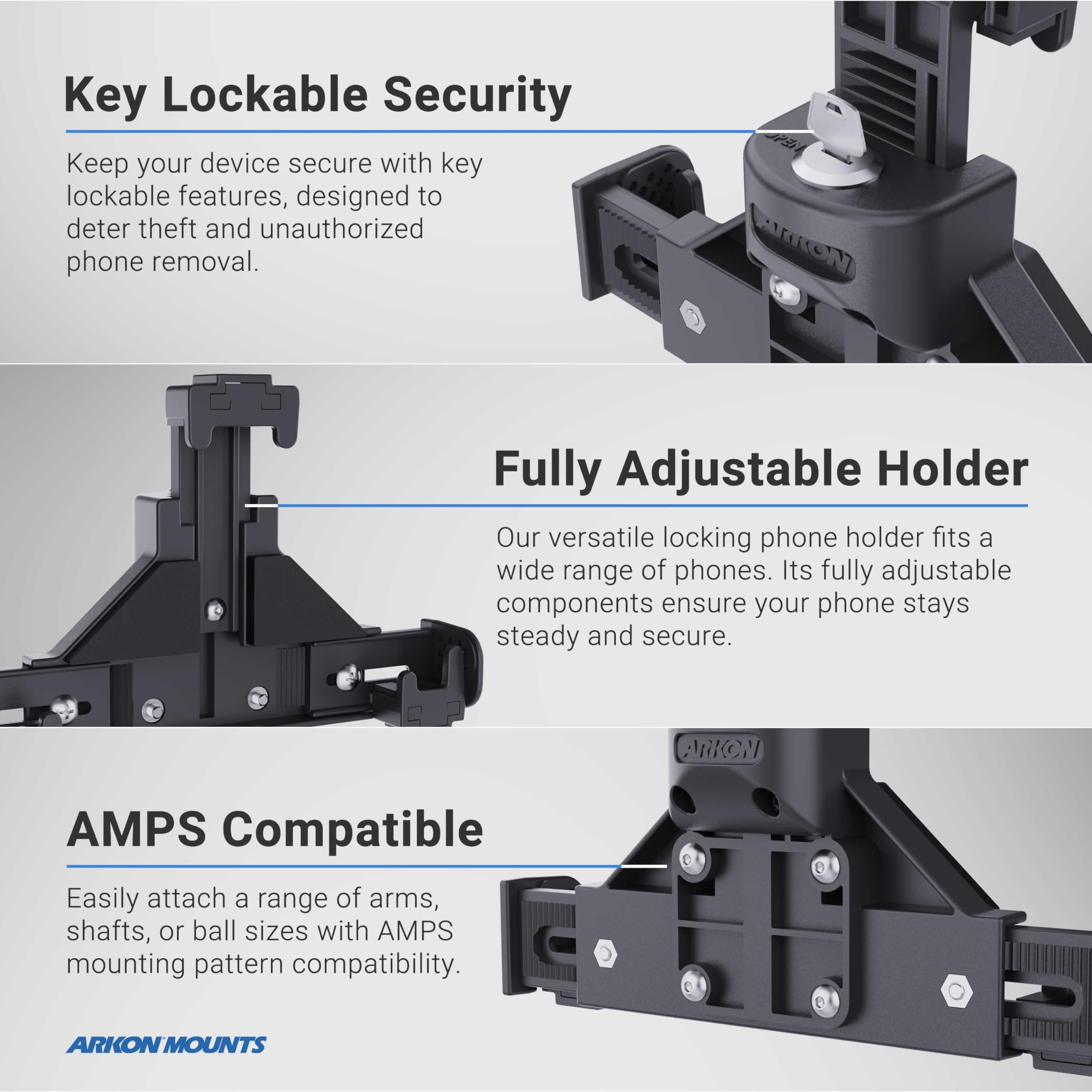 ARKON SM9HD6 Heavy Duty Multi-Angle Locking Phone Mount with 4-Hole AMPS Drill Base - Secure Smartphone Holder for Trucks, ATVs, Construction Equipment & Work Vehicles