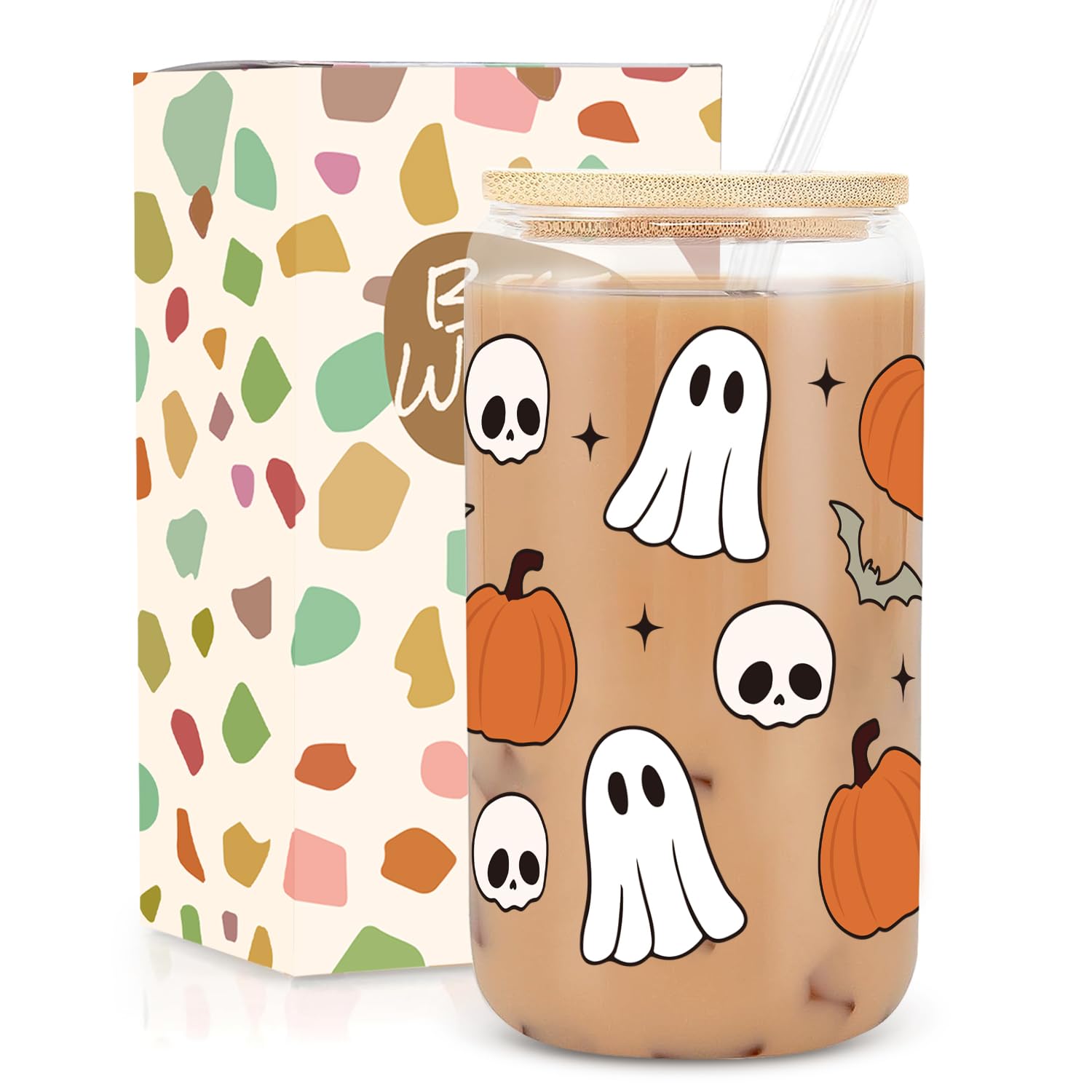 UAREHIBY 18oz Halloween Glass Tumbler with Lid & Straw - Ghost, Pumpkins, Bats & Skulls Design - Spooky Coffee Mug for Women - Perfect for Halloween Parties, Office Use & Gift Giving