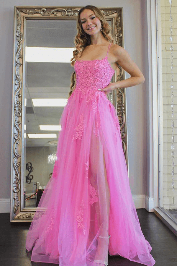 Elegant A-Line Scoop Neck Hot Pink Tulle Prom Dress with Thigh High Slit - Perfect for Evening Gala, Homecoming, and Formal Events - TP1127