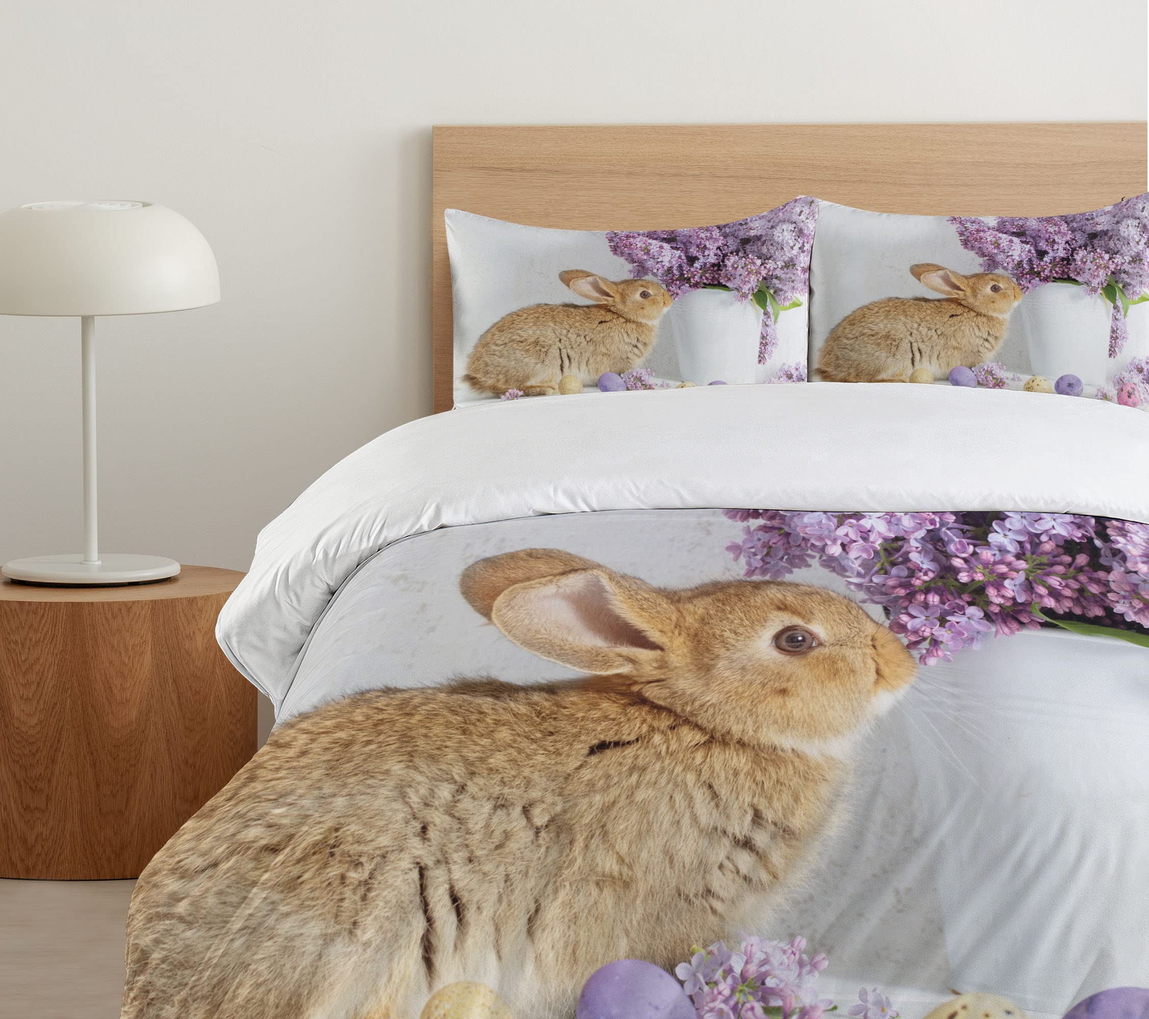 Ambesonne Easter Bunny Duvet Cover Set - King Size 3-Piece Bedding with Floral Rabbit Design & 2 Pillow Shams | Brown Easter Decor with Lilac Flowers & Dyed Eggs | Perfect for Spring Bedroom Decor, Easter Gift & Holiday Home Styling