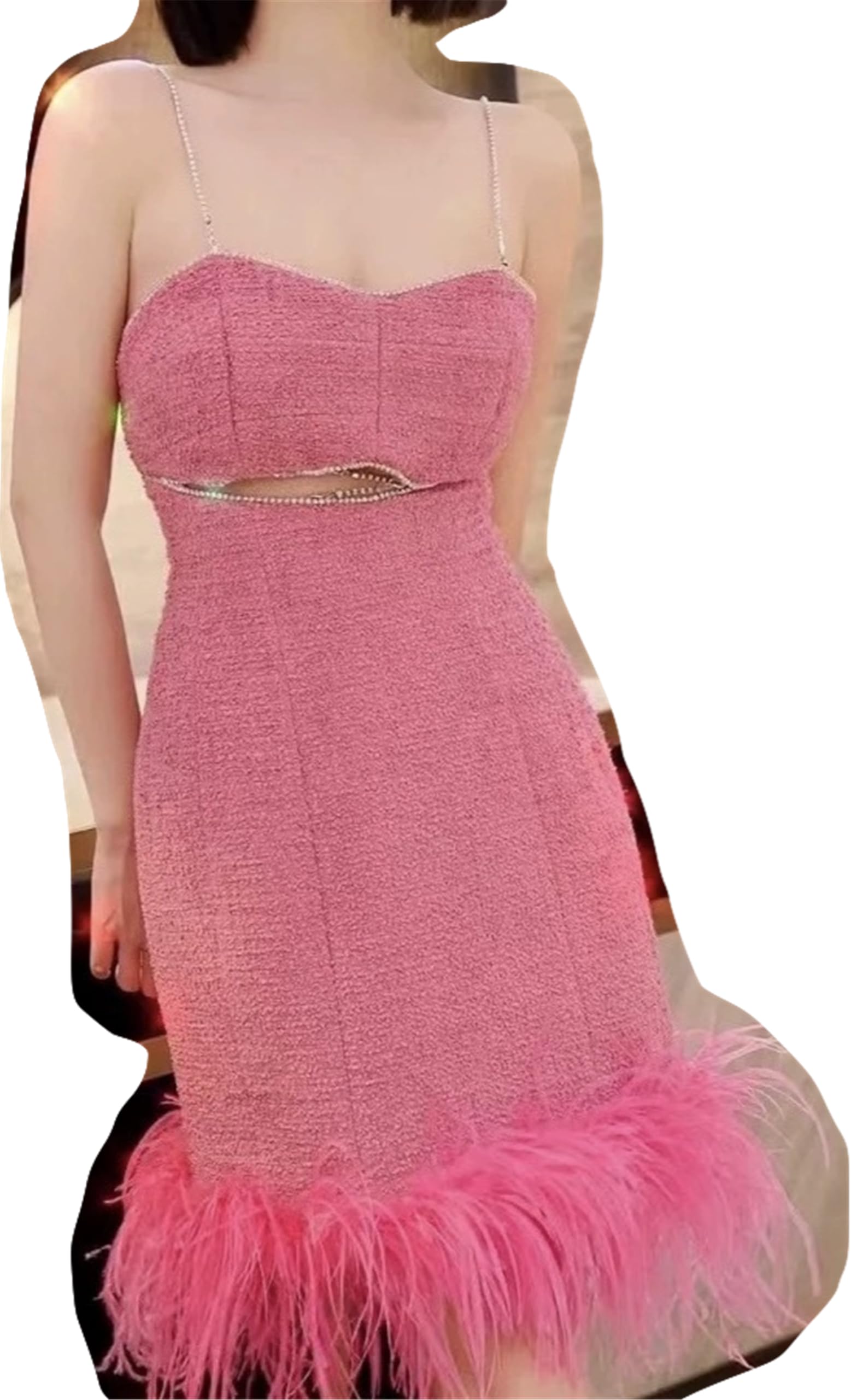 Luxury Women's Party Dress with Bling Diamonds & Ostrich Fur Trim - Elegant Pink Evening Gown for Birthday, Wedding & Special Occasions (Size 5XL, Pink) | Perfect for Prom, Cocktail Parties & Formal Events