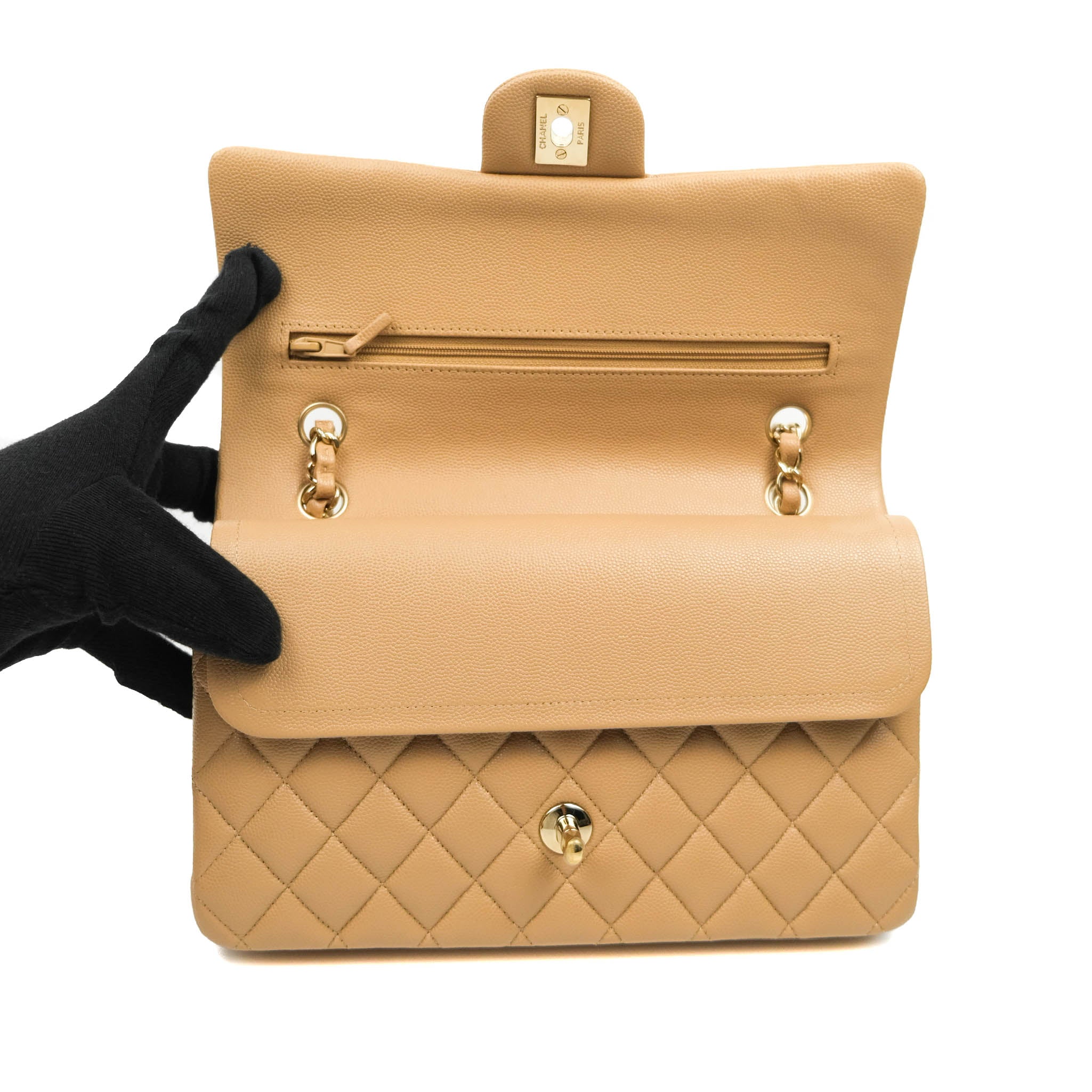 Chanel Classic Medium Double Flap Bag in Dark Beige Caviar Leather with Gold Hardware | Luxury Designer Handbag for Women | Perfect for Work, Evening Events & Everyday Use