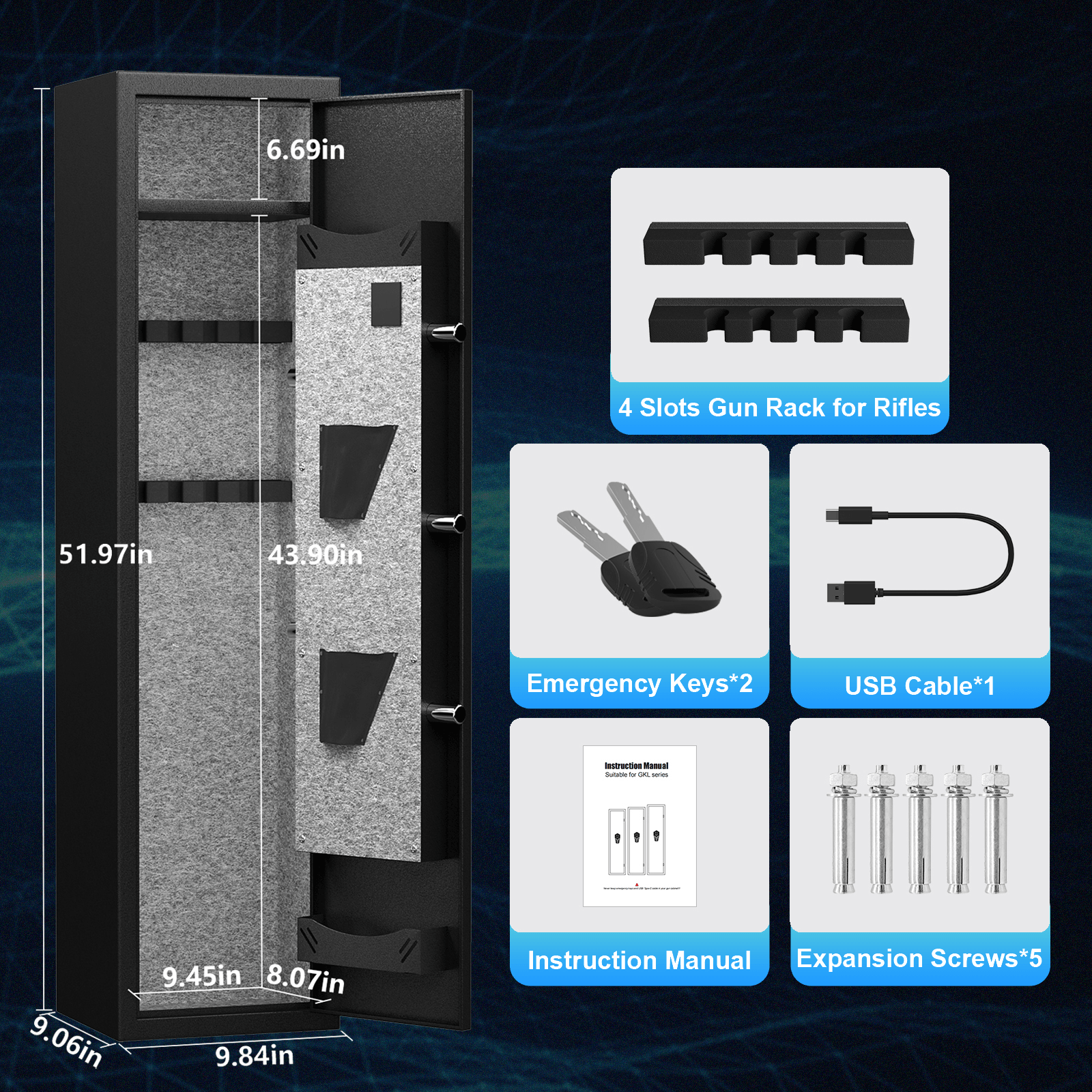 Heavy Duty Steel Rifle Gun Safe - 3 to 4 Gun Capacity with Electronic Lock, Solid Bolts, Dual Alarm System & LED Lighting | Secure Firearm Storage for Home, Office or Hunting Cabin | Silent Operation Safe for Nighttime Access