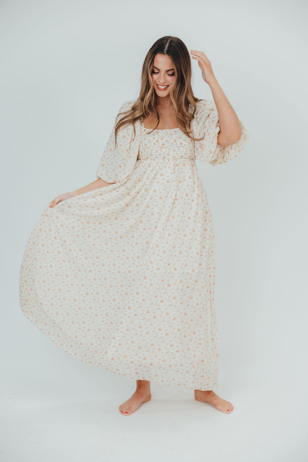 Melody Maxi Dress with Pleats & Bow Detail - Ivory Floral Print Maternity Dress | Bump Friendly & Inclusive Sizing (S-3XL) | Perfect for Weddings, Baby Showers & Summer Events