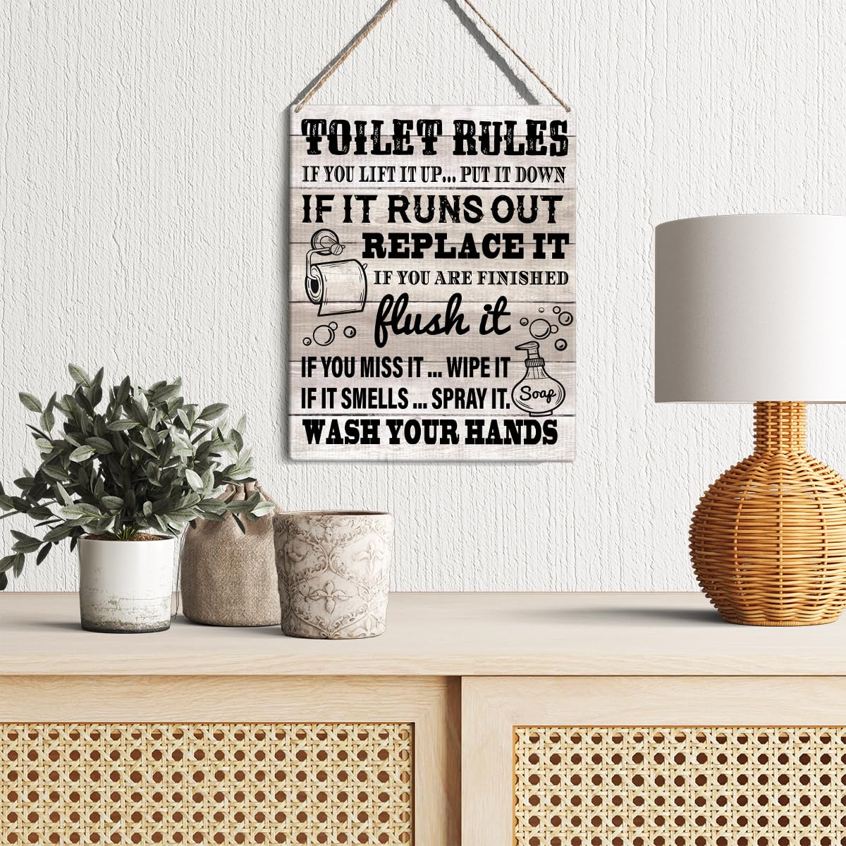 Farmhouse Bathroom Rules Sign - Rustic Wooden Wall Plaque with 'Wash Your Hands' Message - 8x10 Inch Toilet Door Decor for Home, Office, or Restaurant Bathroom