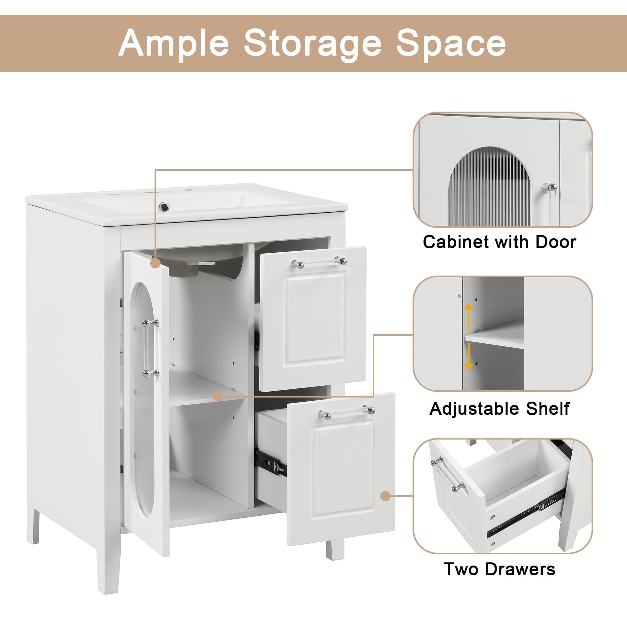 24 Inch White Bathroom Vanity with Sink - 2 Drawers, Glass Door & Adjustable Shelf - Free Standing Wood Storage Cabinet for Small Bathrooms | Perfect for Powder Rooms, Guest Baths & Compact Spaces