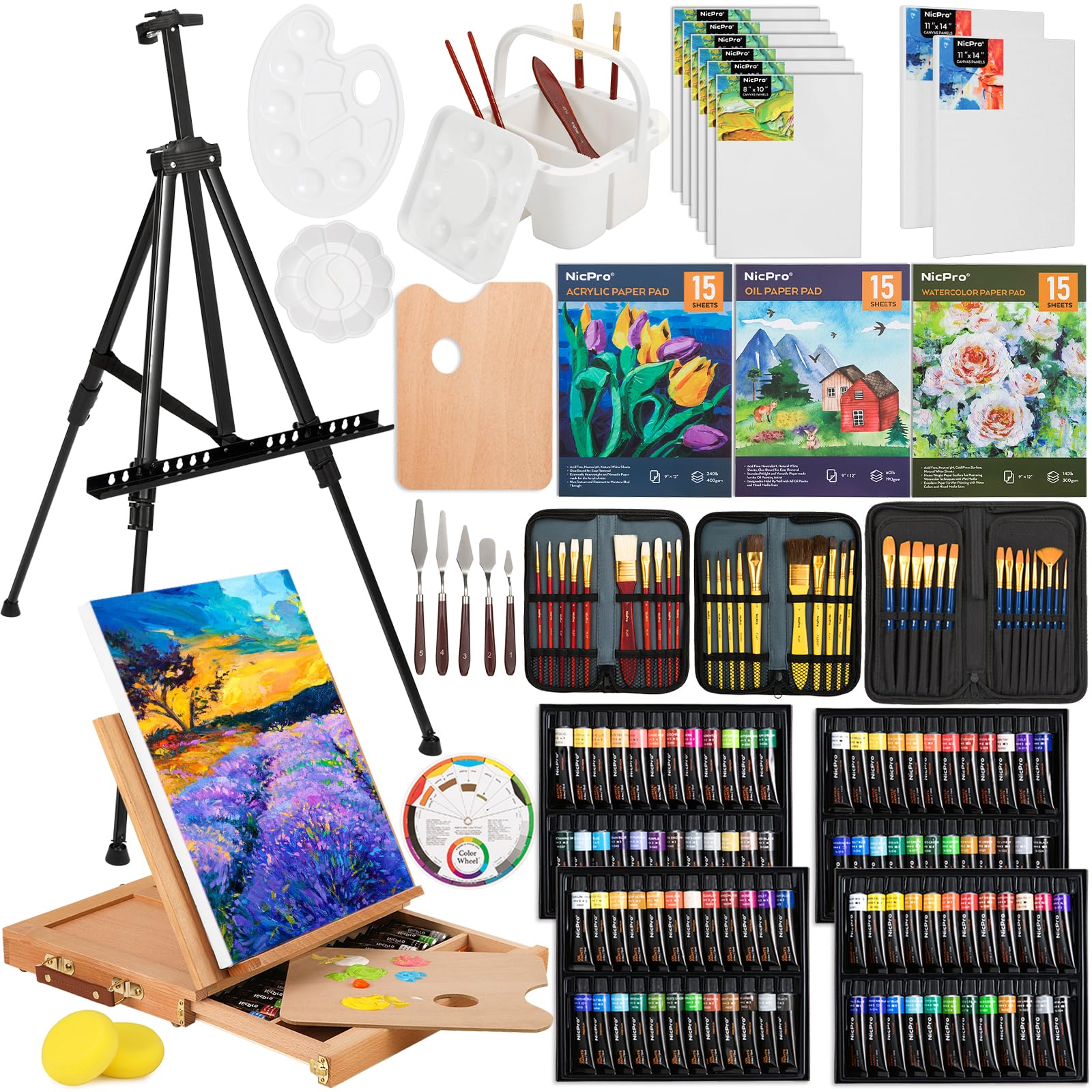 Nicpro 158PCS Deluxe Art Painting Kit with Metal & Solid Beech Wood Easel - Acrylic, Oil & Watercolor Paint Set, Brushes, Canvas, Palette, Paper Pad - Professional Artist Supplies for Adults | Perfect for Studio, Home & Outdoor Painting Projects