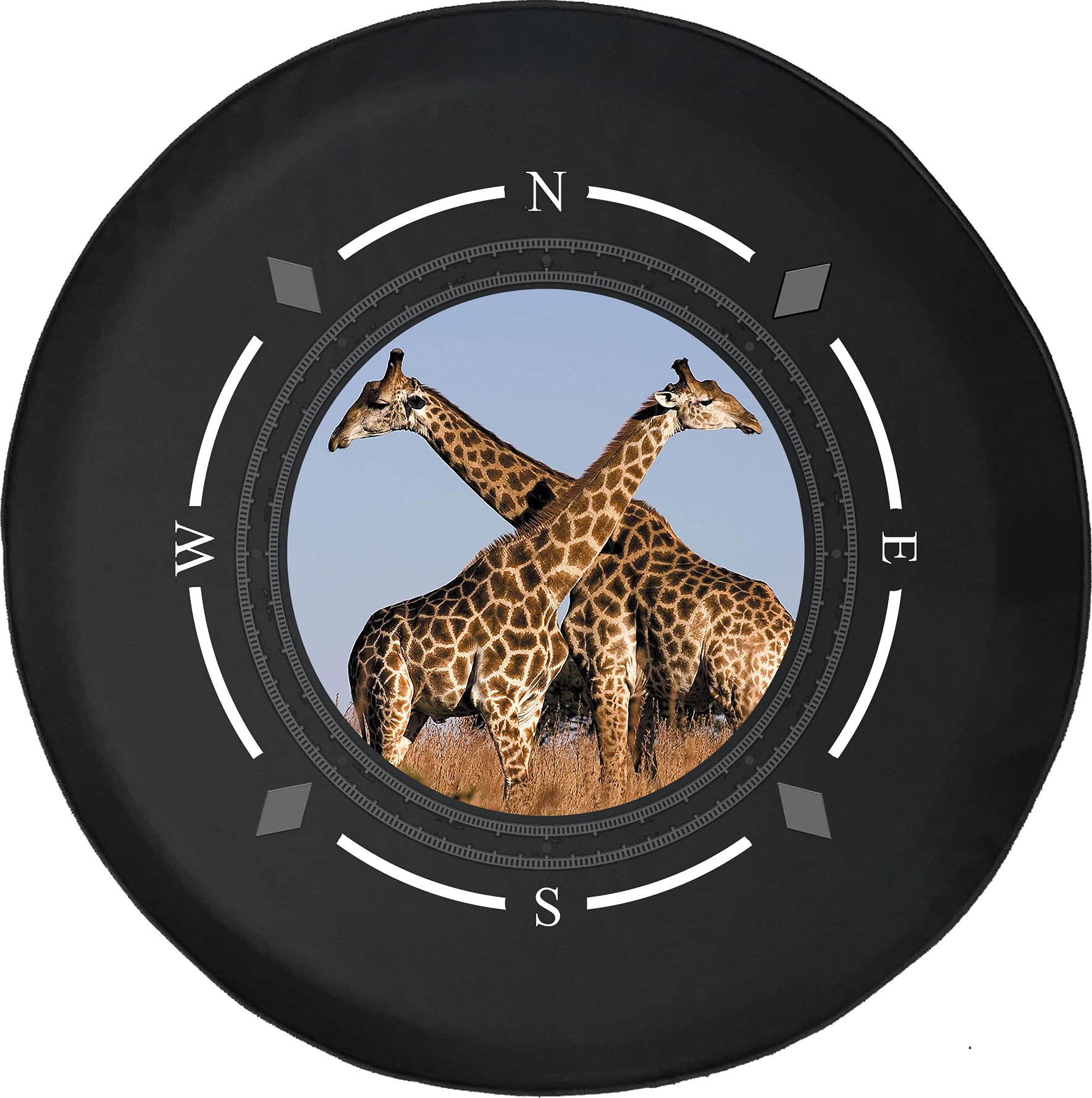 Premium Spare Tire Cover with Compass & Giraffe Couple Design - Universal Fit for SUV, Trailer, RV & Most Vehicles - Perfect for African Safari Adventures & Road Trips