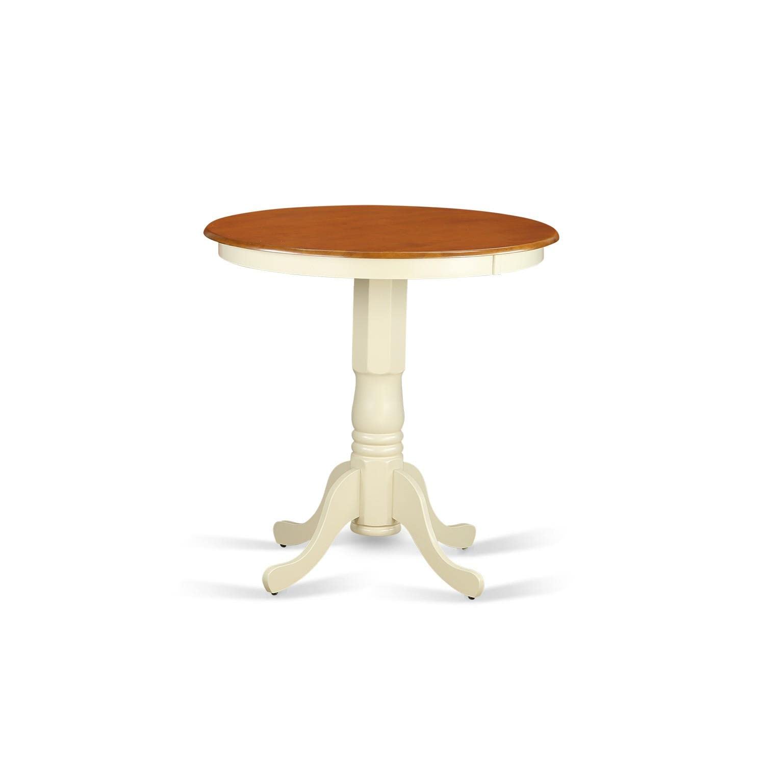 East West Furniture 3-Piece Kitchen Counter Height Dining Set - 30x30 Inch Round Table with Pedestal Base & 2 Upholstered Chairs in Buttermilk & Cherry | Perfect for Small Spaces, Breakfast Nooks, and Apartment Dining Areas