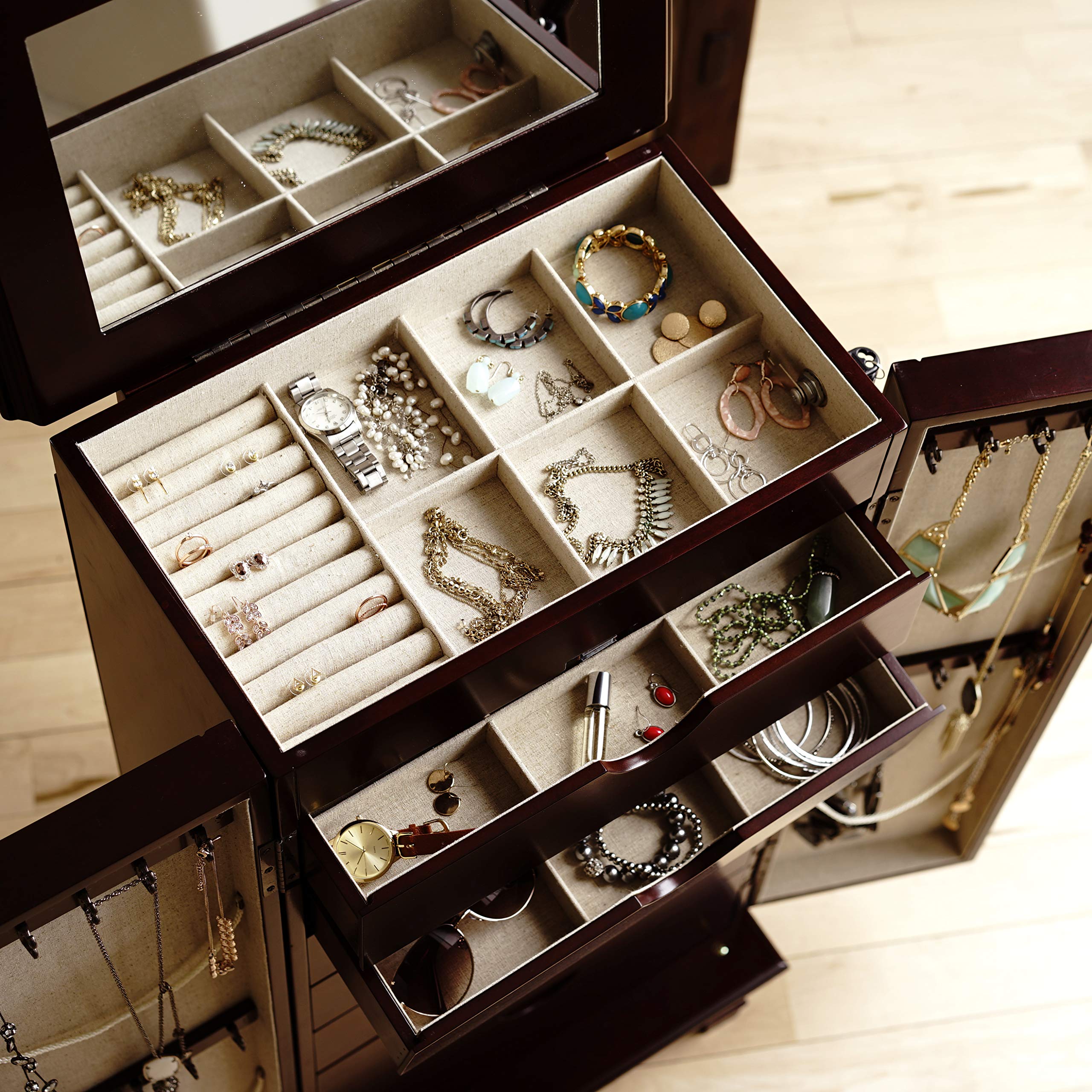 Premium Carson Fully Locking Jewelry Cabinet - Secure Storage for Necklaces, Rings & Watches | Perfect for Bedroom, Closet & Travel Organization