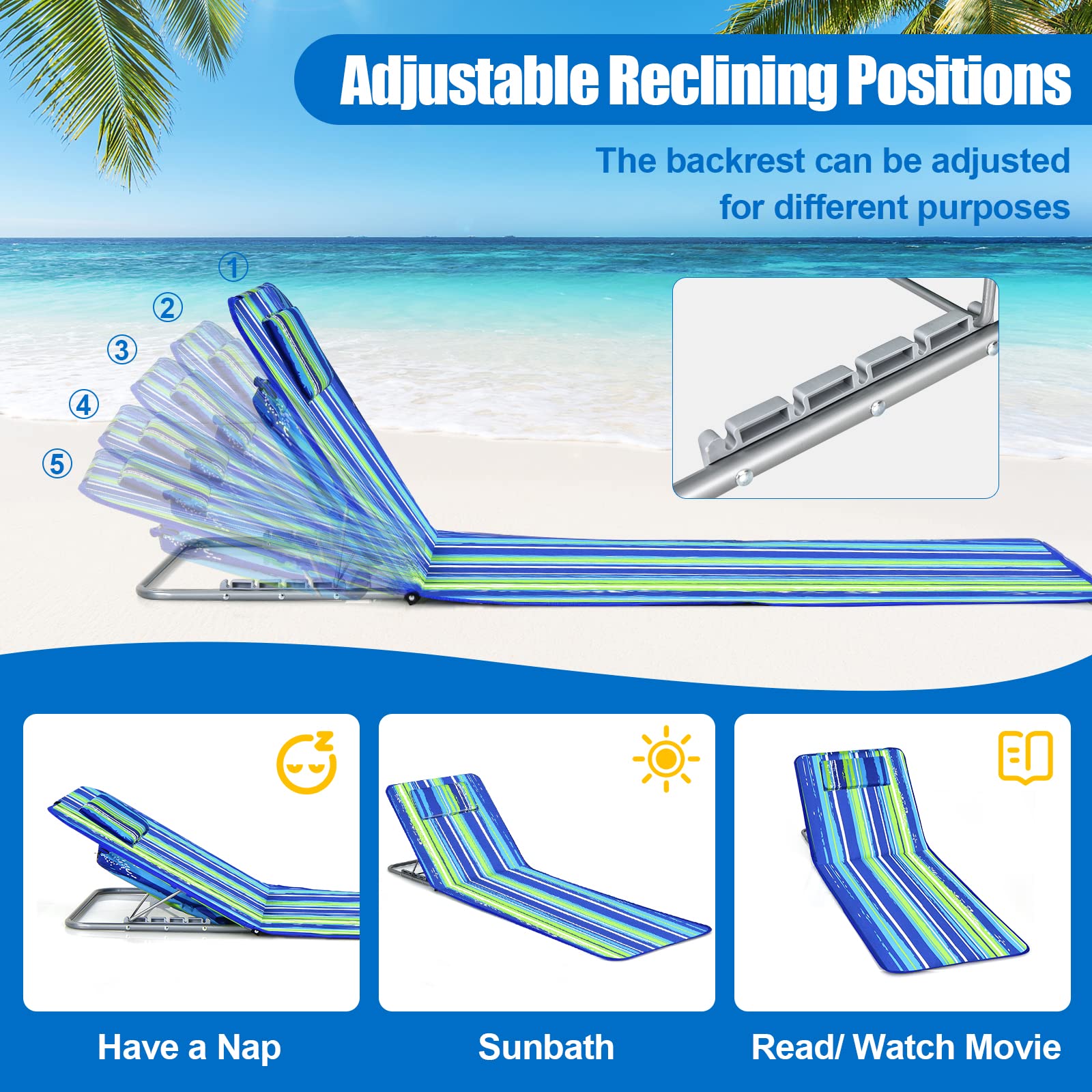 GYMAX Folding Beach Chair with Adjustable Table - Portable Outdoor Lounge Chair for Tanning, Sunbathing, Poolside Relaxing - Includes Pillow & Storage Bag - Perfect for Backyard, Patio, Beach & Camping (Blue Stripe)