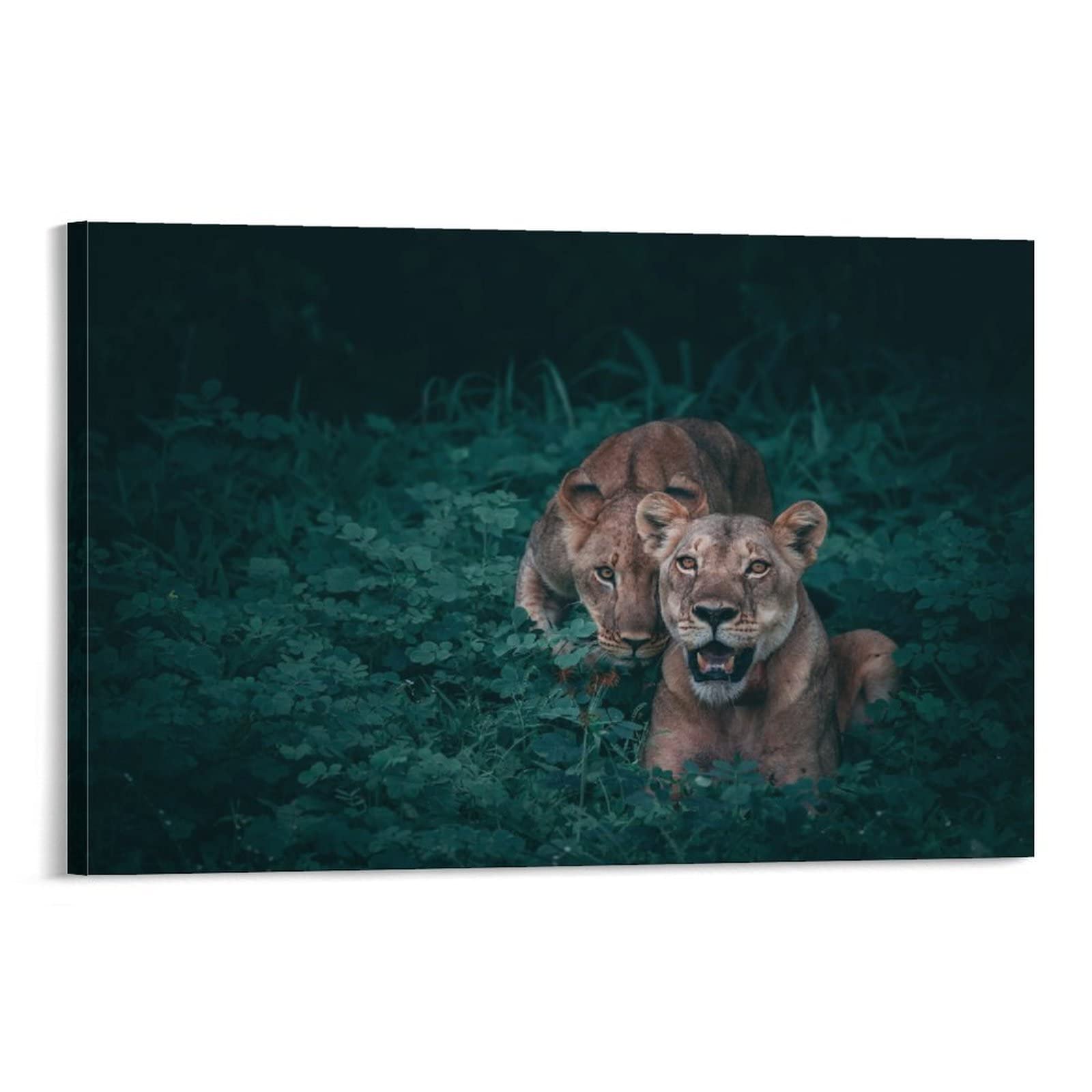 Premium Canvas Wall Art - Two Lions in Jungle Reptile Wildlife Painting Print for Home Decor | Bedroom, Living Room & Bathroom Wall Decoration | Jungle Theme Animal Artwork for Modern Interior Design