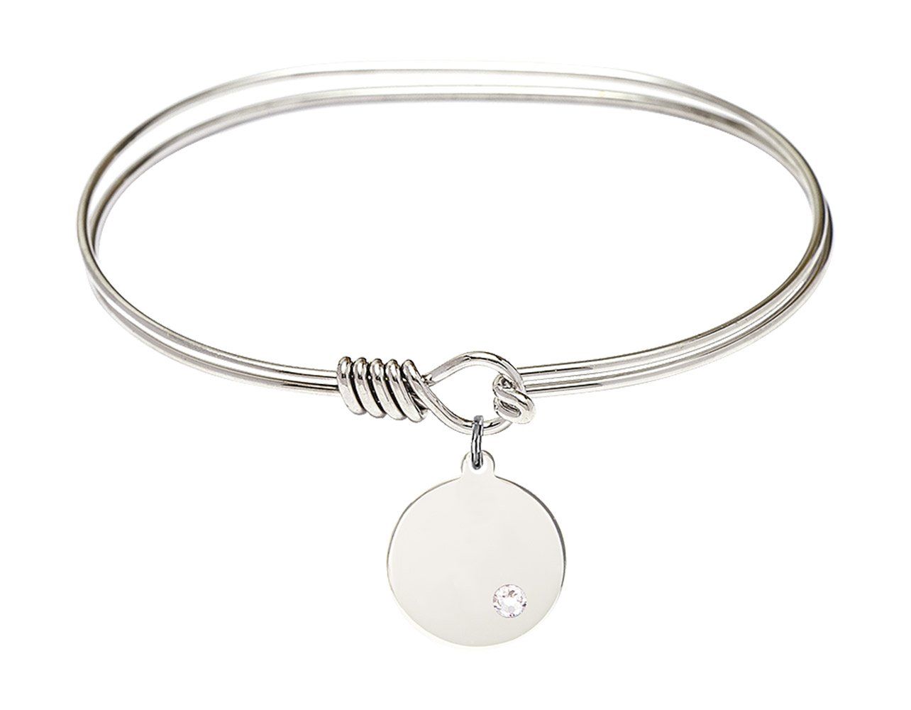 7 Inch Oval Eye Hook Bangle Bracelet with Plain Disc Charm & April Crystal - Elegant Jewelry for Women, Perfect for Parties, Weddings, and Everyday Wear