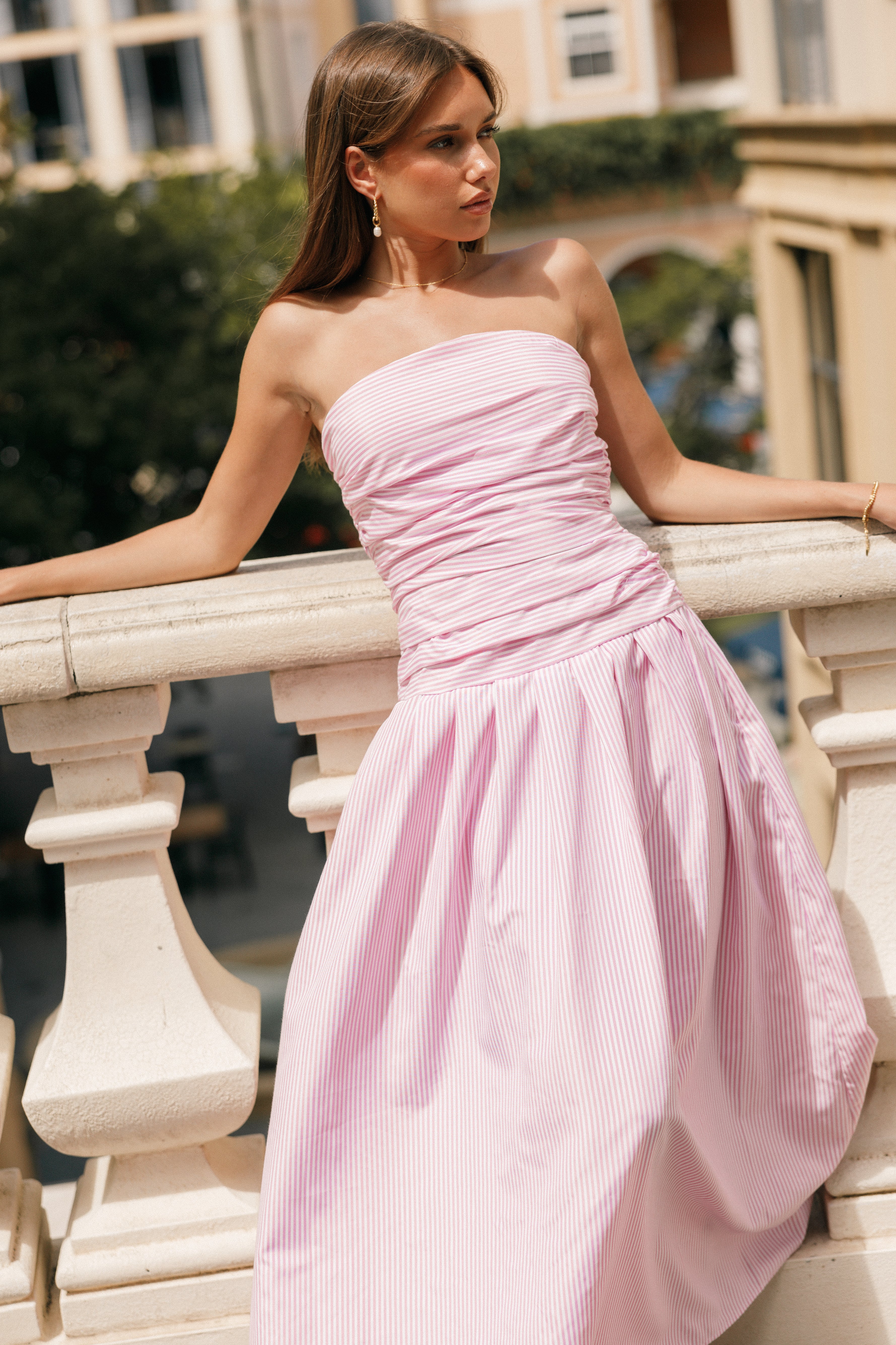 Avalee Strapless Maxi Dress for Women - Flowy Pink Stripe Summer Beach Dress, Wedding Guest Dress, Vacation Outfit