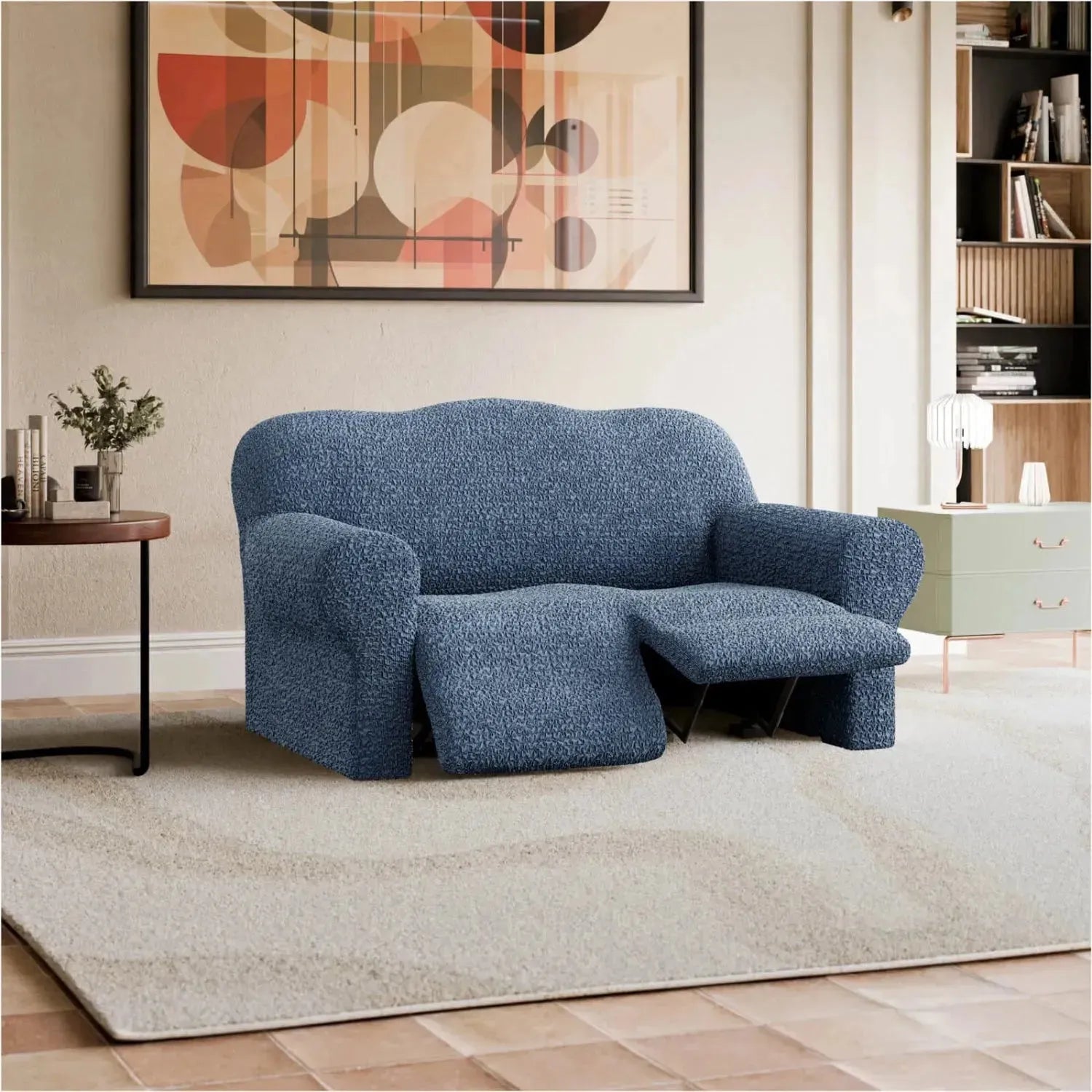 2 Seater Recliner Slipcover - Mille Righe Collection | Stretchable Sofa Cover for Living Room, Home Theater & Family Room Protection