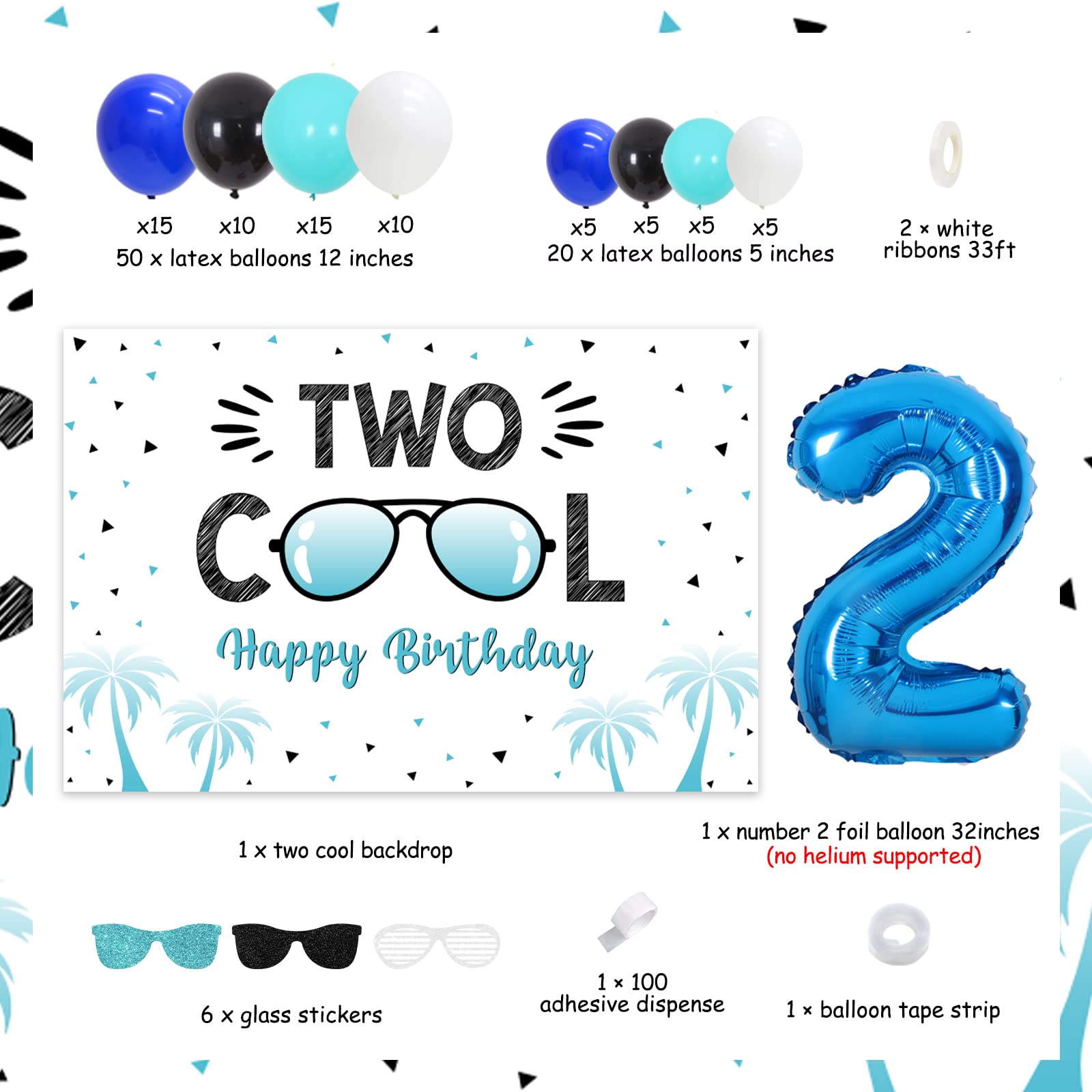 Two Cool 2nd Birthday Party Decorations for Boys - Balloon Garland Kit, Sunglasses Theme Backdrop & Number 2 Foil Balloons | Perfect for Toddler Birthday Celebrations, Photo Booth Backdrops and Themed Party Decor