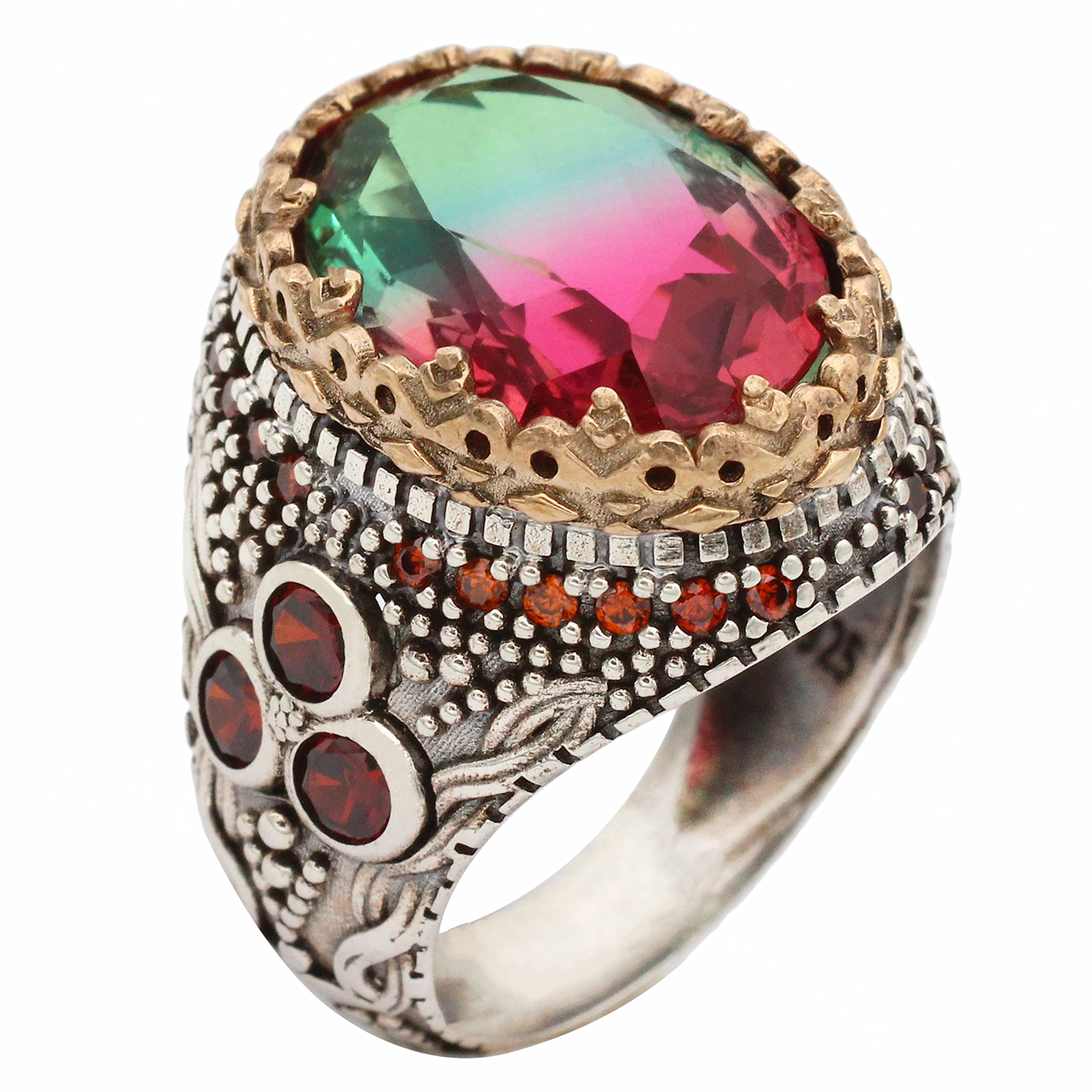 Handmade 925 Sterling Silver Men's Ring with Watermelon Tourmaline & Ruby Stone - Vintage Turkish Style Statement Jewelry for Men | Perfect Christmas Gift, Birthday Present & Anniversary Gift for Him | Ideal for Weddings, Parties & Special Occasions