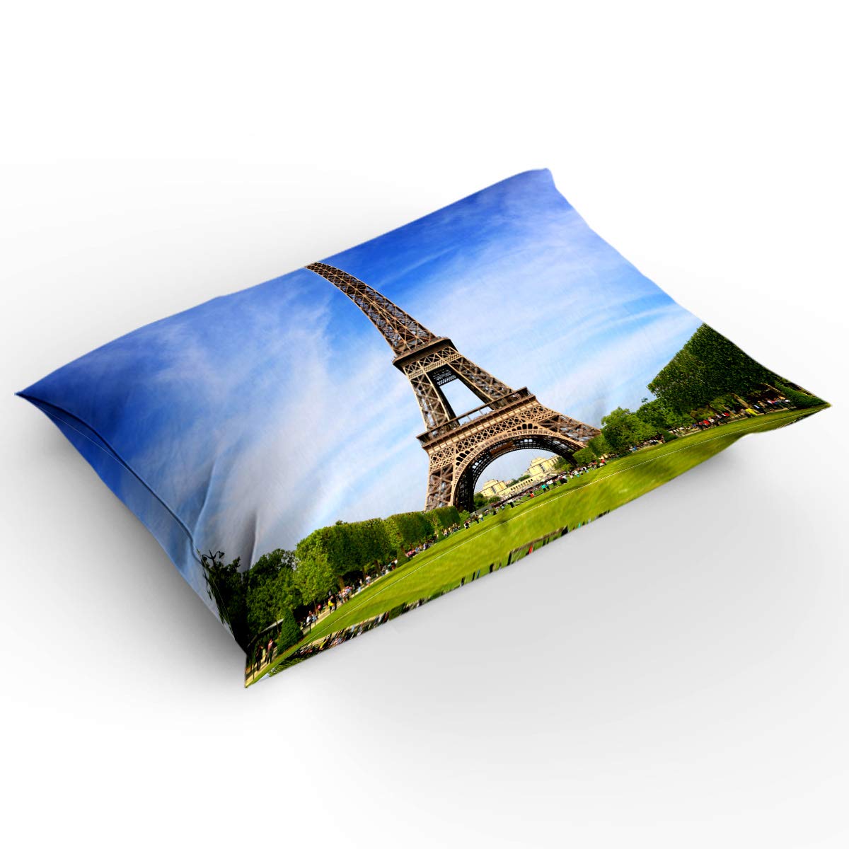 Paris Eiffel Tower Duvet Cover Set - 4 Piece Queen Size Bedding with Zipper Closure & Corner Ties | Ultra Soft Green Grassland Forest & Blue Sky Clouds Design | Perfect for Paris-Themed Bedrooms, Guest Rooms & Cozy Home Decor