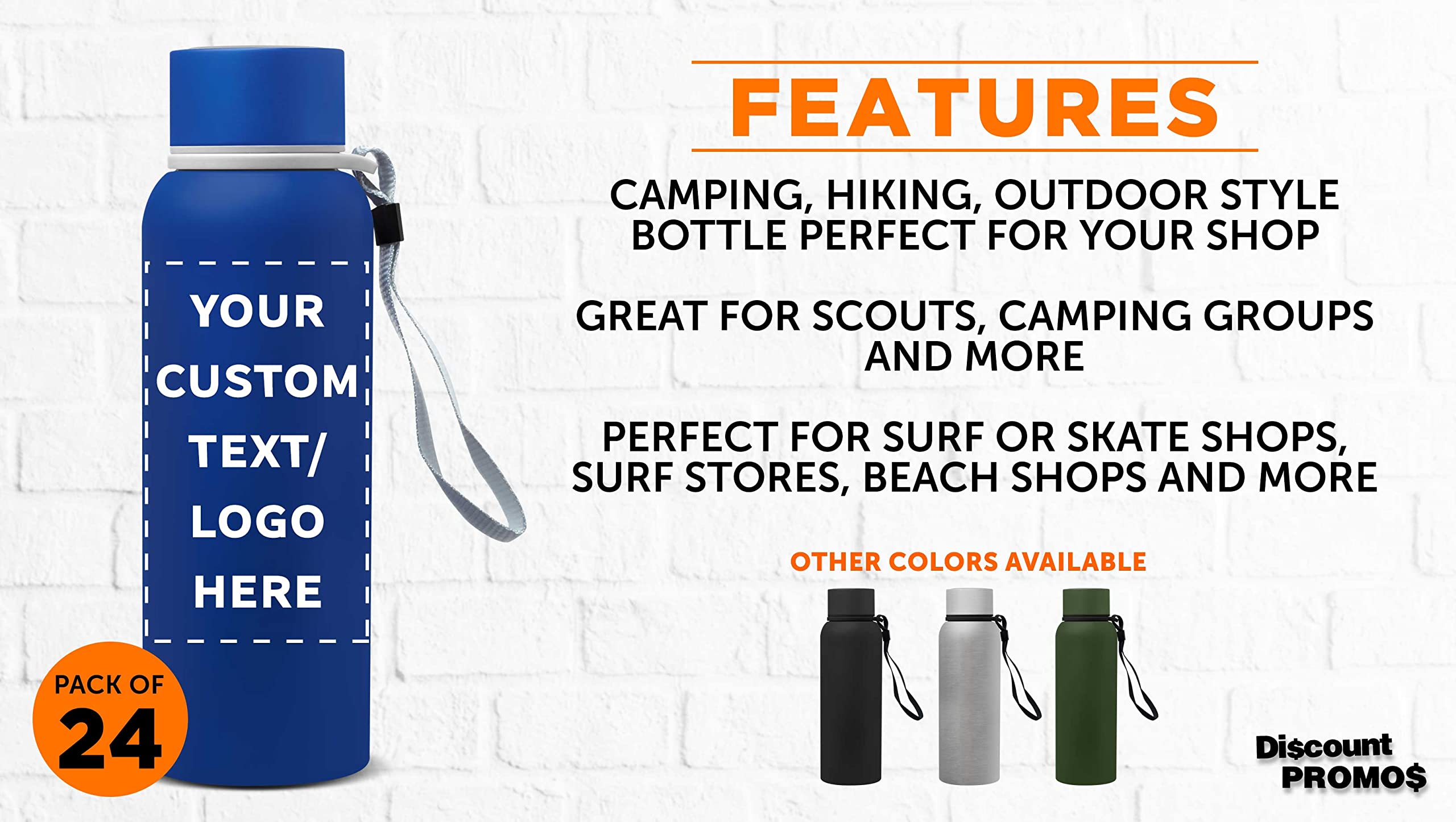 Custom Personalized 17 oz Ransom Water Bottles with Strap - Bulk Pack of 24 - Promotional Giveaways for Events, Business Branding & Corporate Gifts - Perfect for Trade Shows, Team Building & Employee Appreciation - Blue