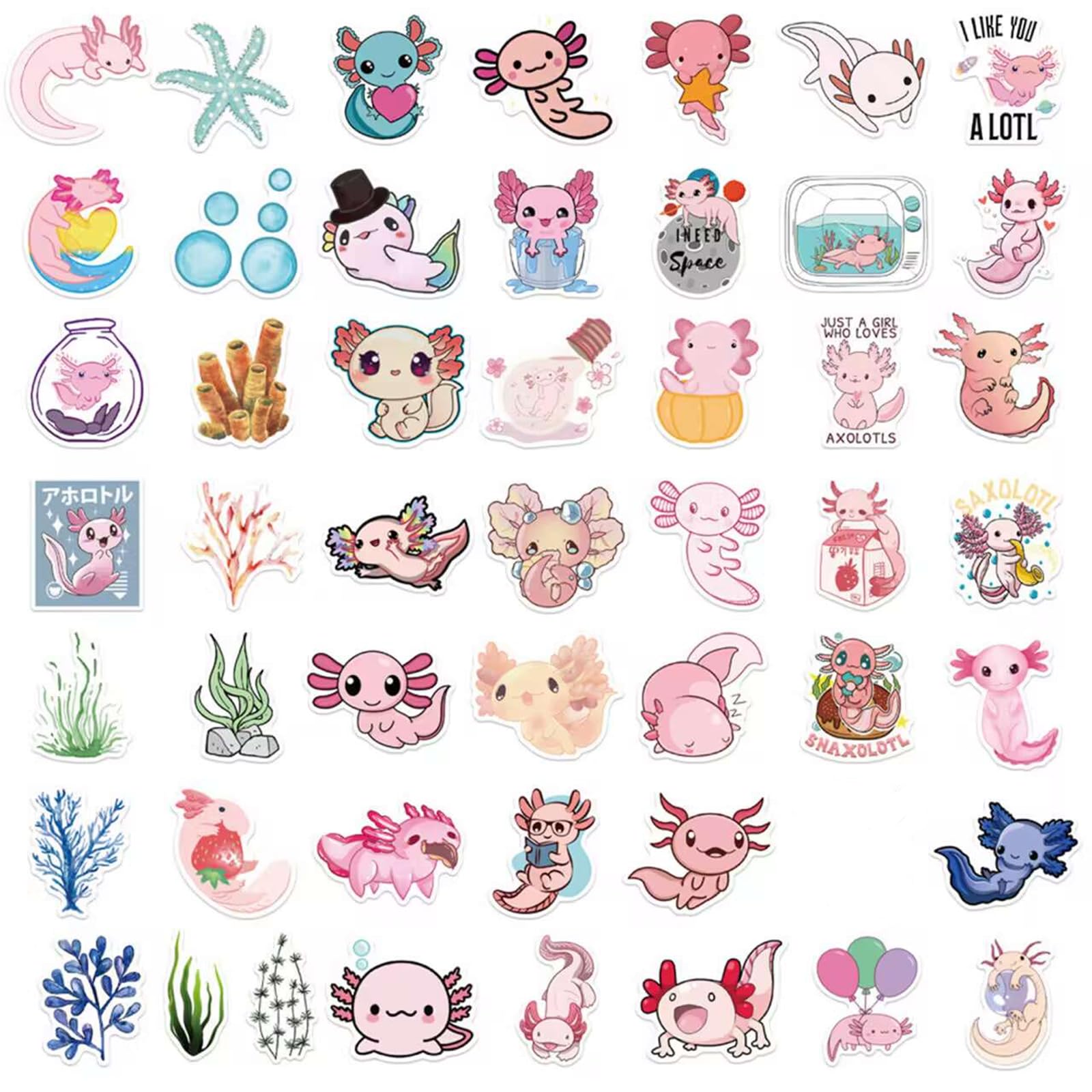 50PCS Cute Axolotl Stickers - Kawaii Waterproof Vinyl Stickers for Water Bottles, Laptops, Phones, Journals - Perfect Gift for Kids, Teens & Adults - Great for DIY Crafts, School Supplies & Party Favors