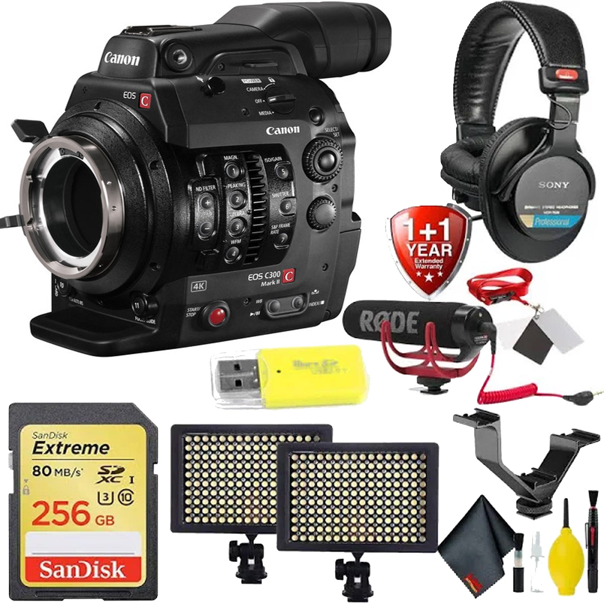 Canon Cinema EOS C300 Mark II Professional 4K Camcorder with PL Lens Mount - Includes Sandisk 256GB Card, Rode Microphone, Sony Headphones & Accessories Kit - Perfect for Filmmaking, Documentary Production & Studio Recording
