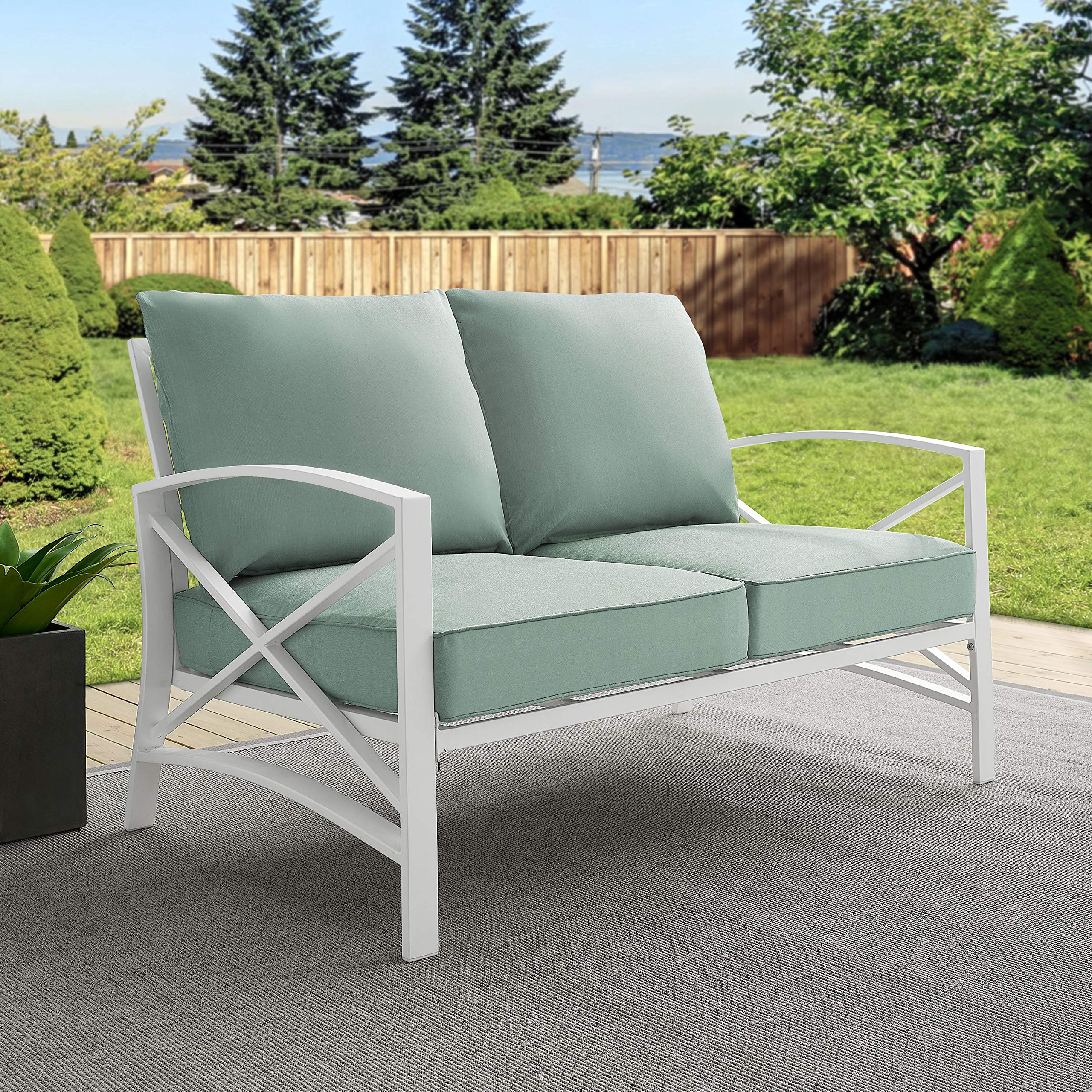 Crosley Furniture Kaplan Outdoor Loveseat - 2-Person Patio Couch for Porch, Deck, Backyard & Balcony - White with Mist Cushions - Perfect for Relaxing, Entertaining & Outdoor Lounging