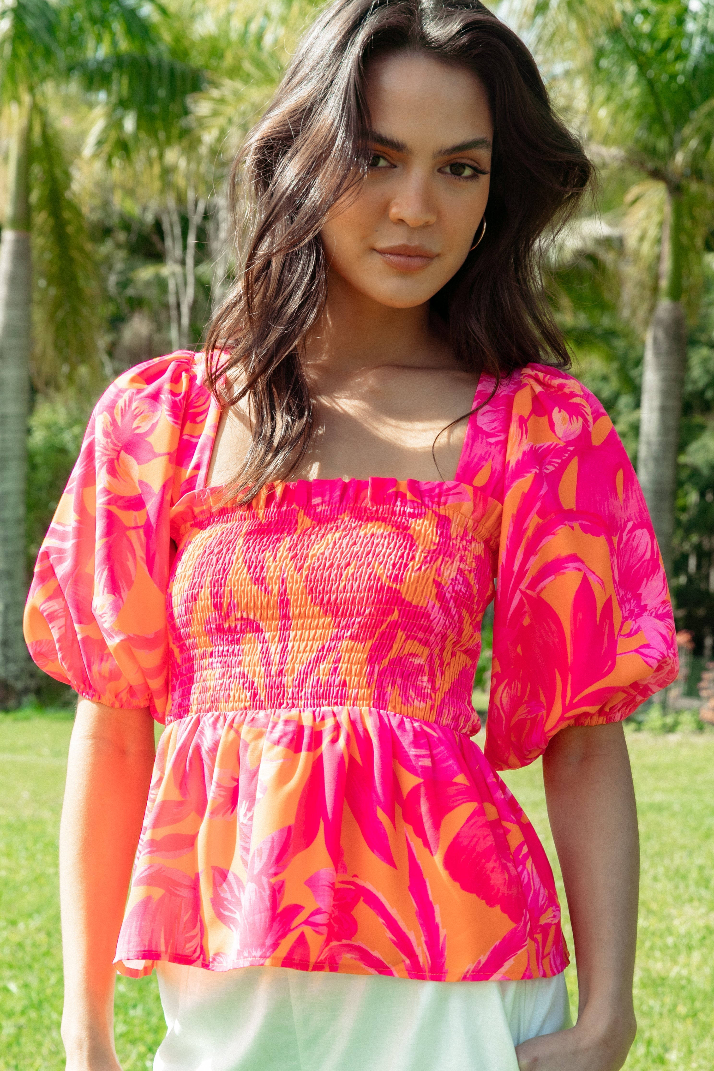Addison Peplum Top for Women | Flattering Pink Tropics Print | Perfect for Summer Outfits & Beach Vacations
