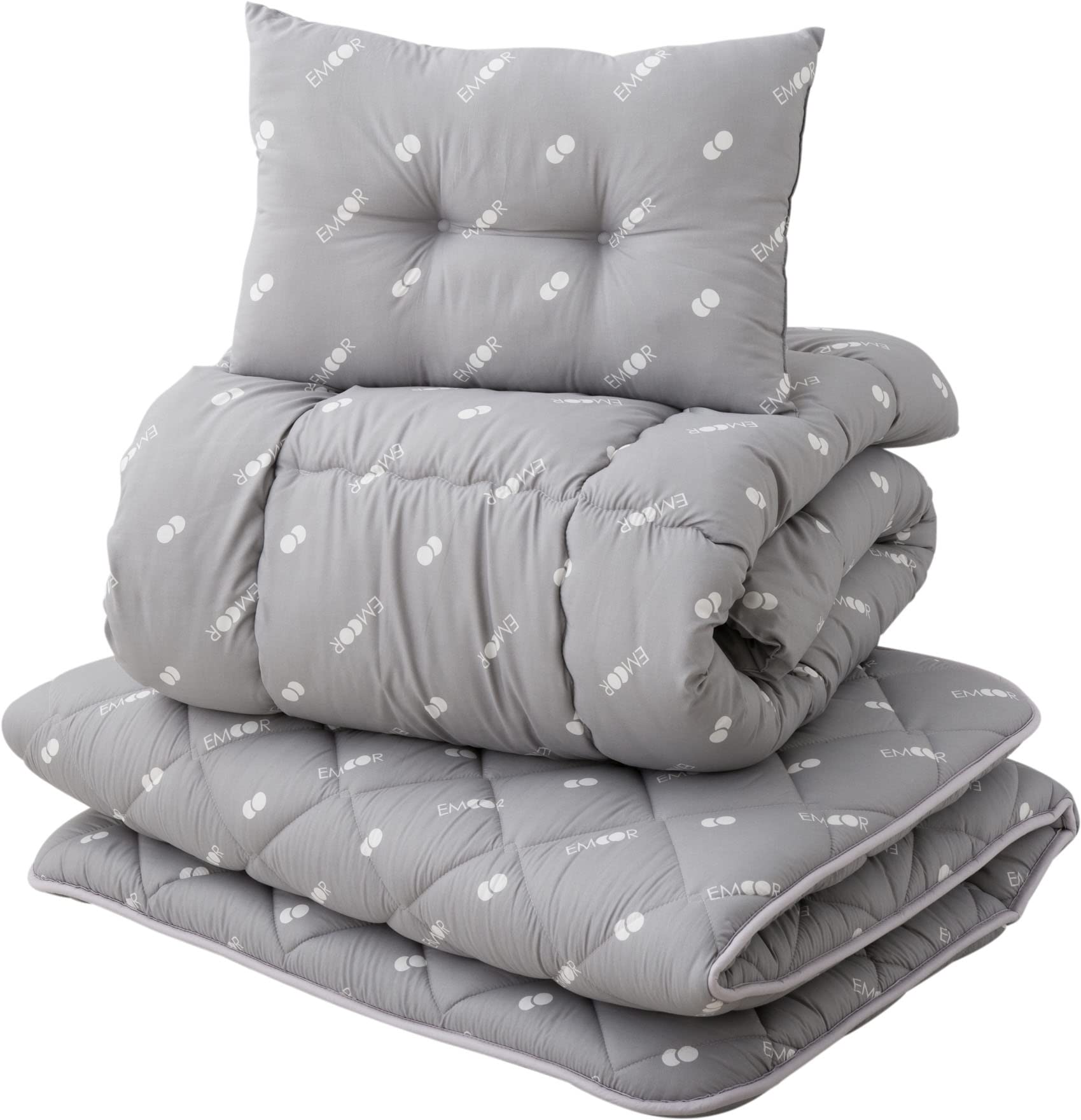 EMOOR Japanese Futon Set - Twin-XL Foldable Tatami Mattress, Comforter & Pillow | Authentic Made in Japan Gray Shikibuton with Logo | Perfect for Small Spaces, Guest Rooms & Minimalist Bedrooms (CLASSE III Certified)
