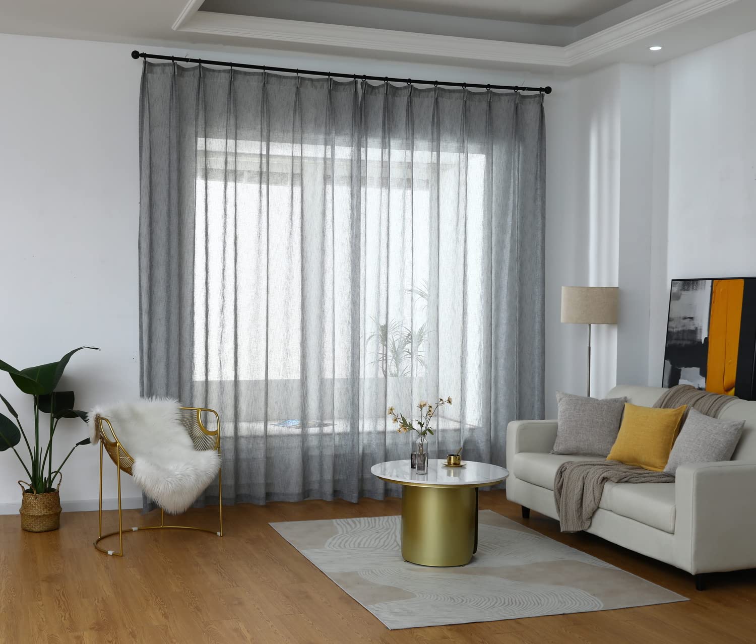 LoyoLady Grey Linen Curtains 102 inches Long 2 Panels Set - Sheer Linen Drapes for Bedroom & Living Room, Pinch Pleat Window Curtains 52