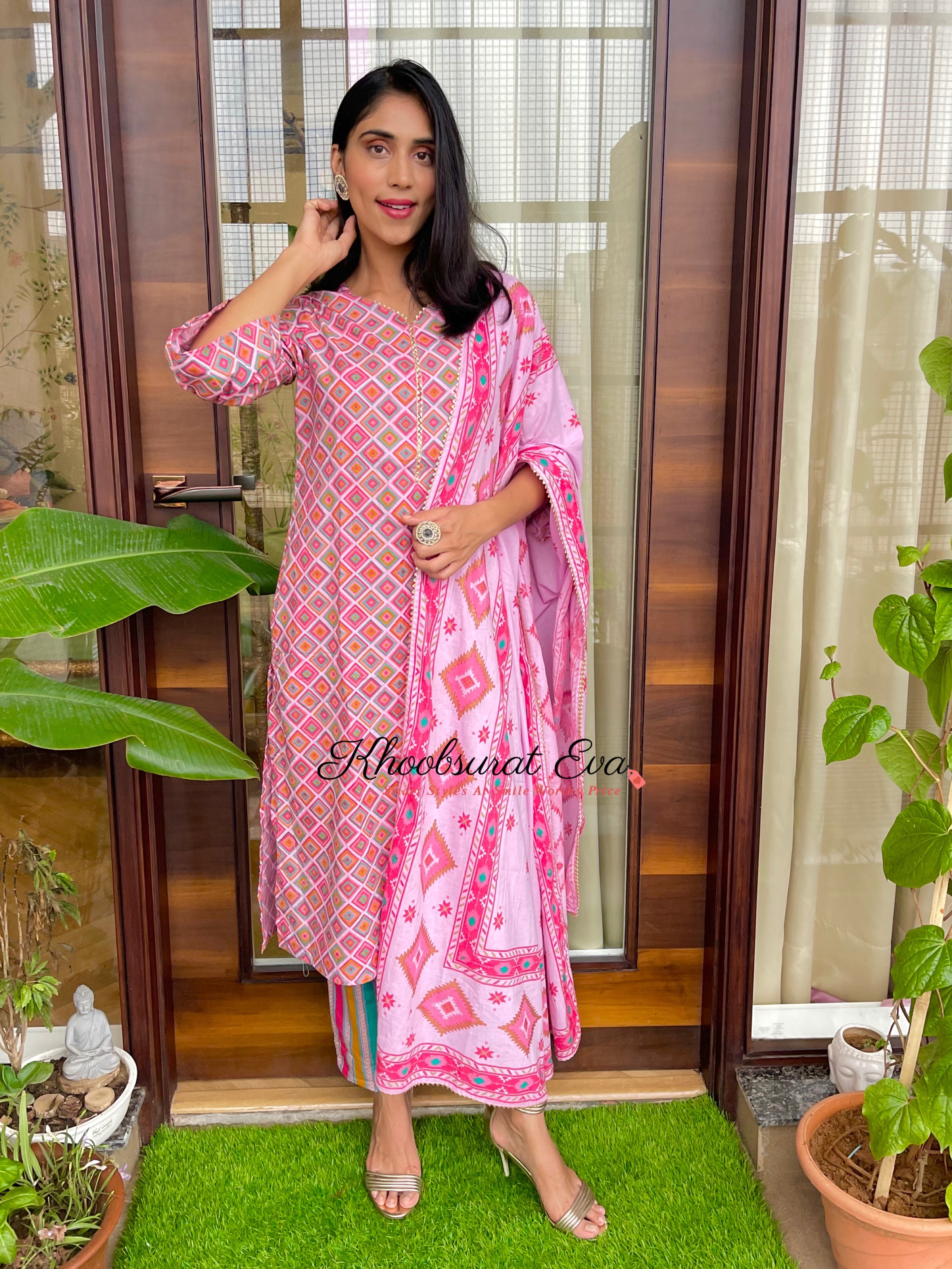Pink Gota Cotton Printed Kurta Suit Set of 3 | Traditional Indian Ethnic Wear for Women | Perfect for Festivals, Weddings & Special Occasions