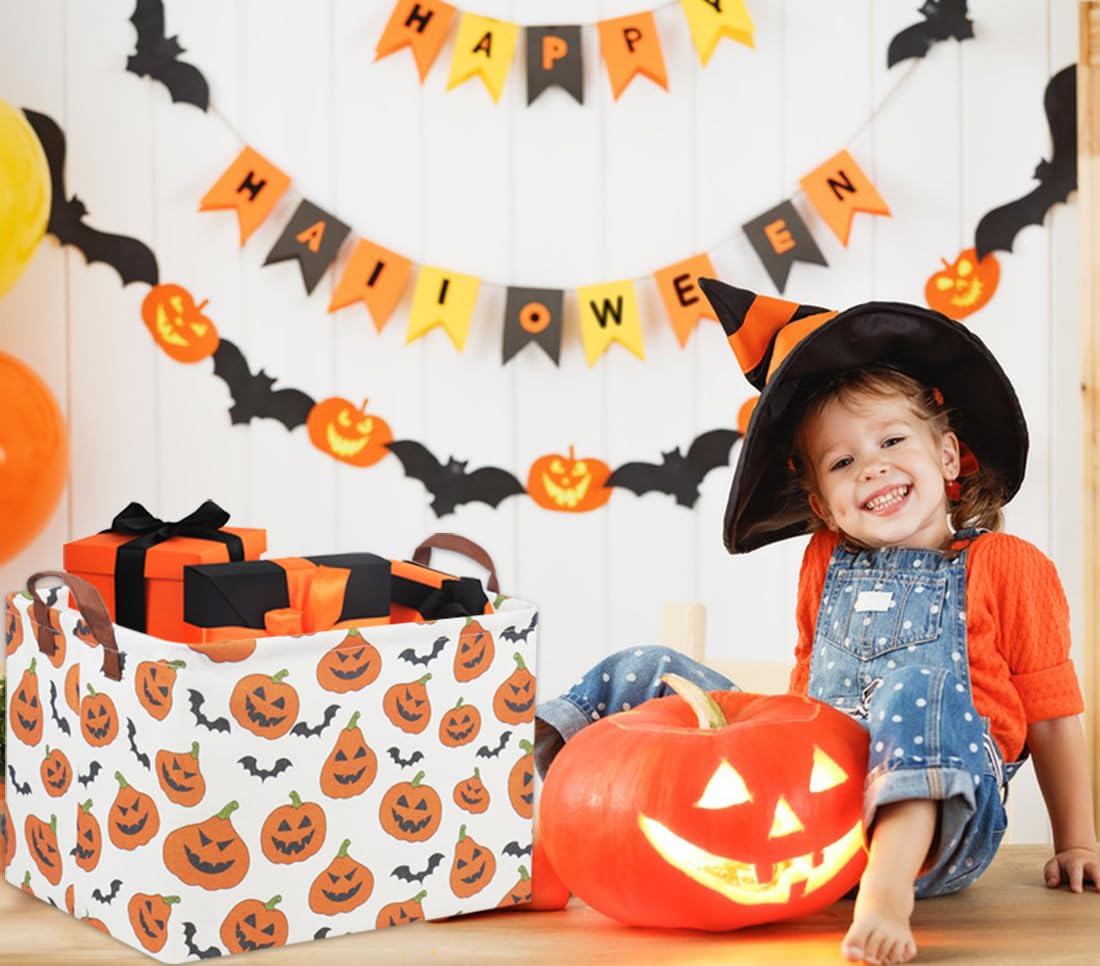 Halloween Pumpkin Basket for Kids - Cute Rectangular Toy Storage Bin & Organizer Box - Perfect for Halloween Parties, Room Decor, and Trick-or-Treating