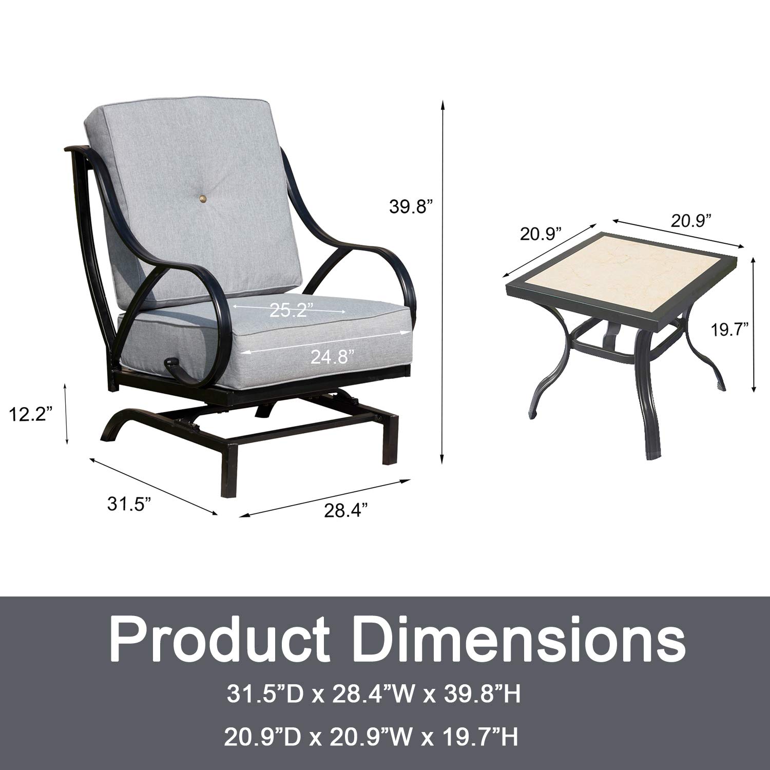 Outdoor Patio Bistro Set with Rocking Chairs & Coffee Table - 3-Piece Metal Garden Furniture with Cushions for Balcony, Lawn, or Backyard (Grey) - Perfect for Relaxing, Entertaining, and Enjoying Outdoor Gatherings