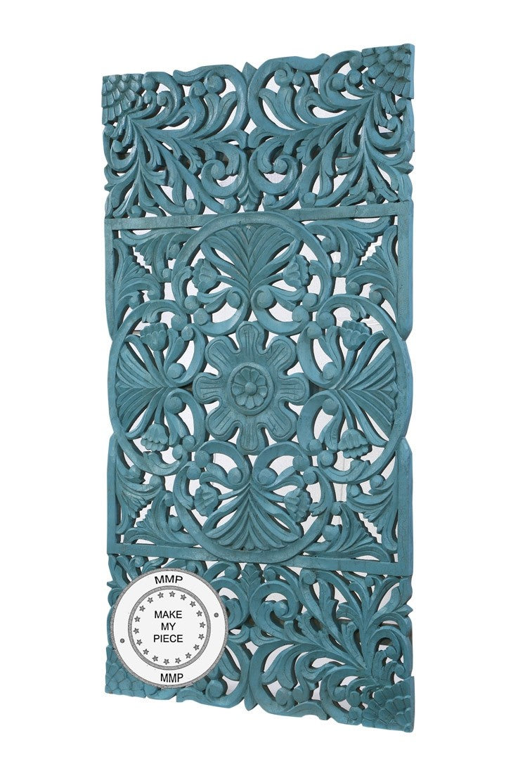 Hand Carved Indian Solid Wood Oriental Carved Panel - Blue Dynasty Artwork for Home Decor, Wall Art, and Meditation Room Accents