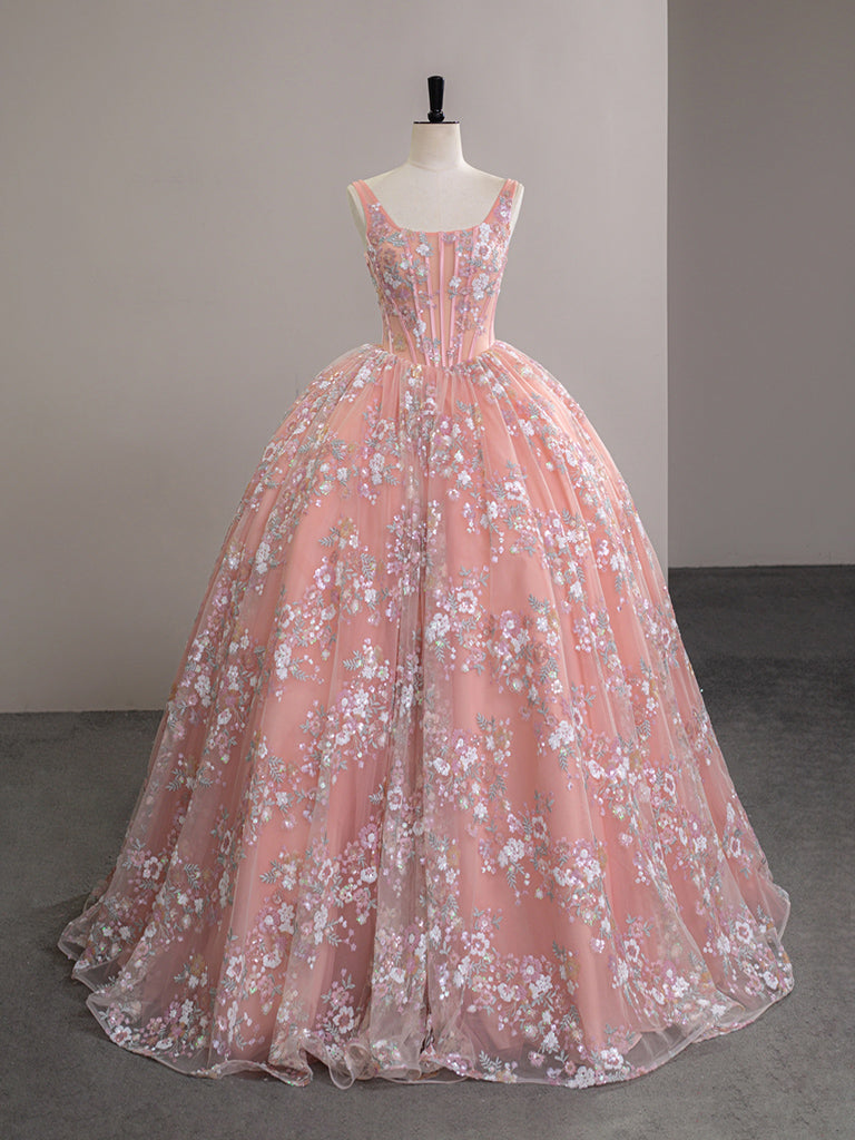 Elegant A-Line Tulle Lace Pink Long Prom Dress for Women - Formal Evening Gown with Floral Embroidery | Perfect for Homecoming, Wedding Guest, and Special Occasions