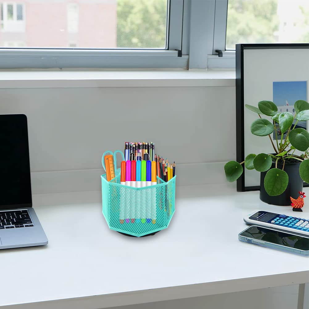 360° Rotating Pencil Holder with 5 Compartments & 10 Clips - Mesh Desk Organizer for Pens, Stationery & Office Supplies - Perfect for Home Office, School & Workspace Organization (Green)