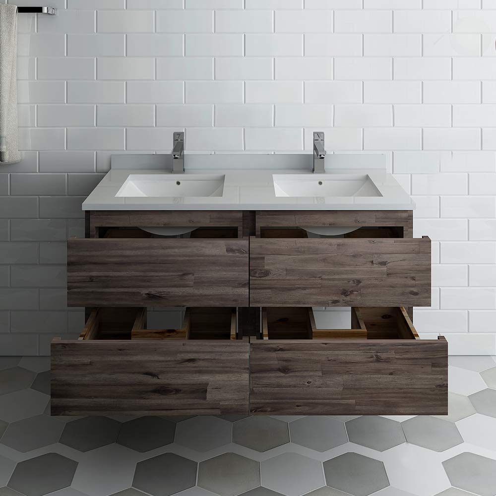 48 Inch Modern Wall Mount Floating Double Sink Bathroom Vanity with Quartz Countertop & Ceramic Sinks - White Contemporary Design for Small Bathrooms, Powder Rooms & Master Baths (Faucets Not Included)