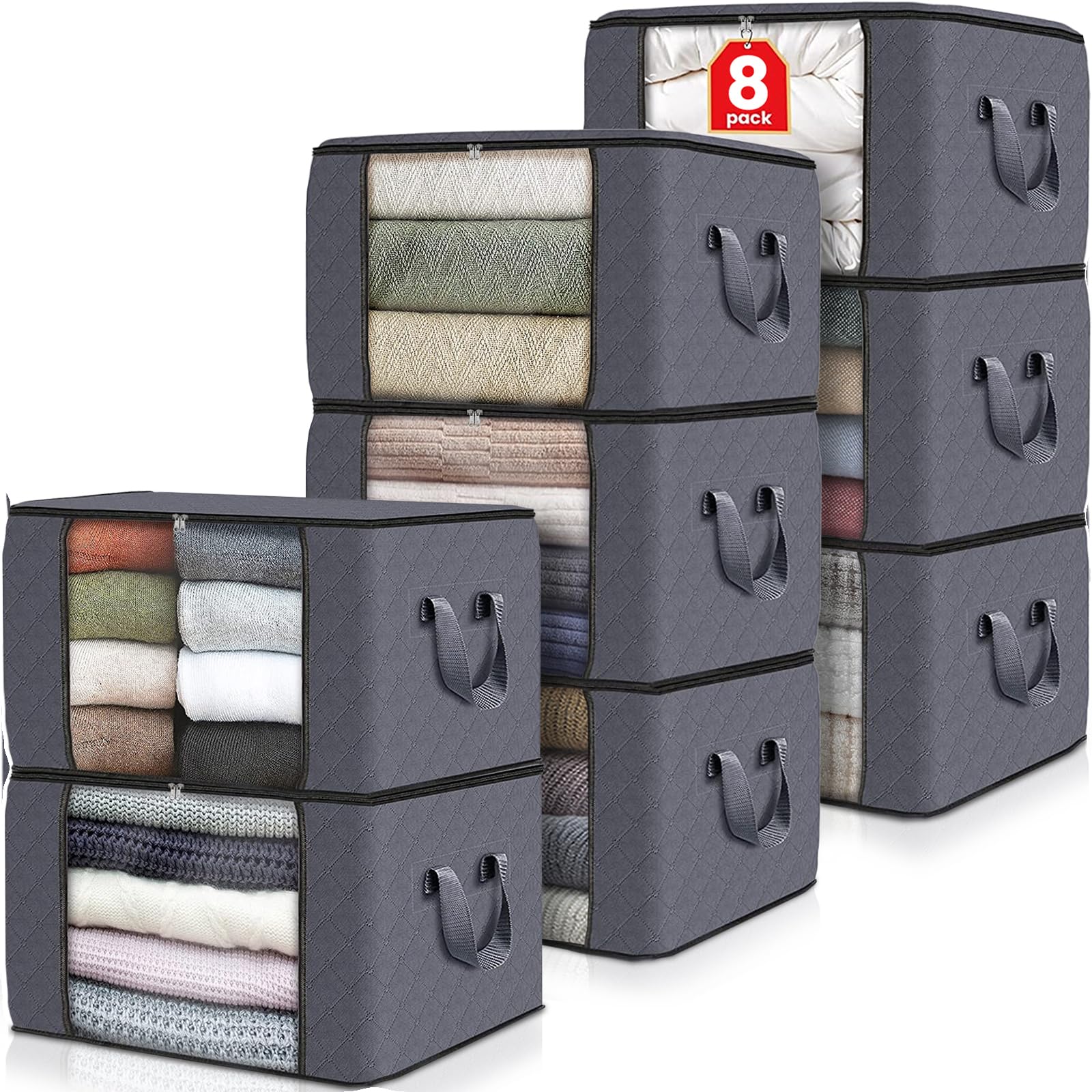 8-Pack Foldable Thick Fabric Storage Bags for Clothes, Blankets & Comforters - Heavy Duty Organizing Containers with Handles for Bedroom & Closet (Grey) - Perfect for Seasonal Storage, Travel & Home Organization