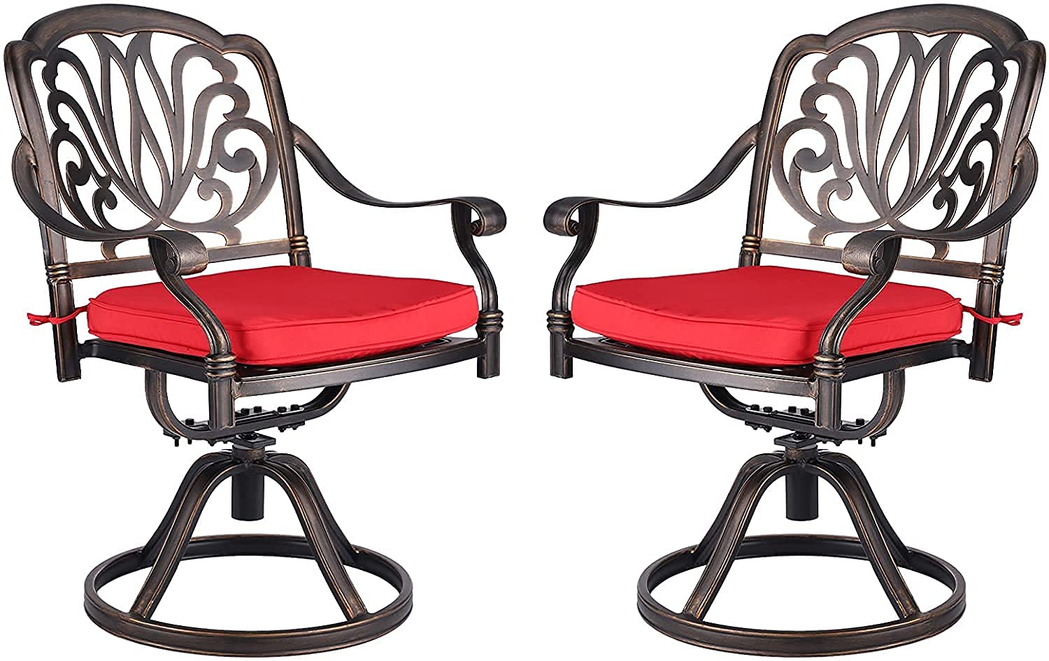 Grepatio 2-Piece Patio Swivel Dining Chairs Set with Cushions - Outdoor Cast Aluminum Rocking Chairs for Garden, Backyard, Poolside - Comfortable Metal Furniture with Red Cushions (Perfect for Lounging, Entertaining & Outdoor Dining)