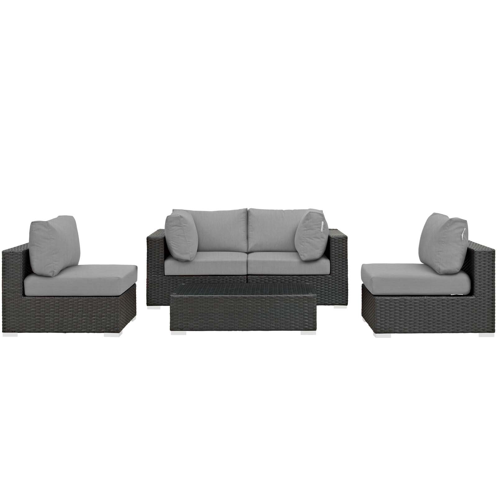 Modway Sojourn 5-Piece Outdoor Patio Sectional Set - Wicker Rattan Furniture with Sunbrella Canvas Gray Cushions for Garden, Poolside & Backyard Relaxation