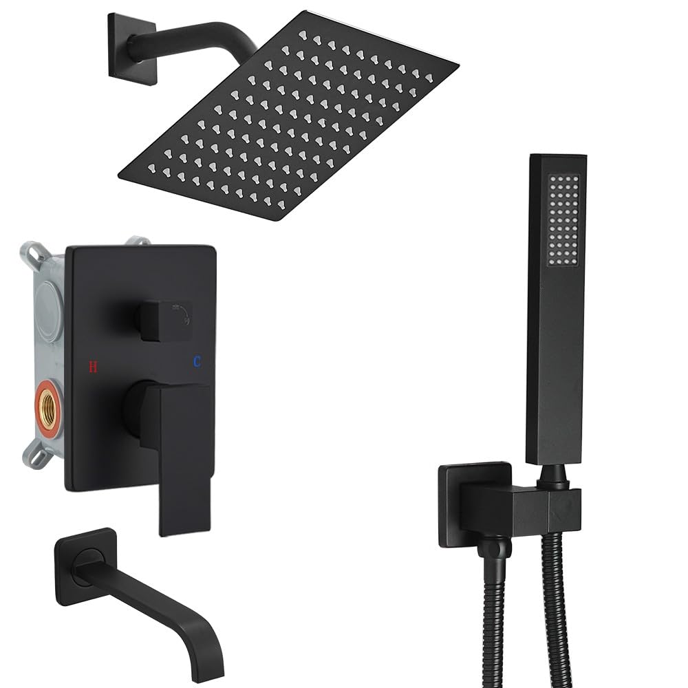 Premium Matte Black Shower Faucet Set - 8 Inch Rainfall Shower Head with Handheld Sprayer & Tub Spout - Single Handle Bathroom Shower System with Rough-in Valve - Perfect for Modern Master Bathrooms & Spa-Like Showers